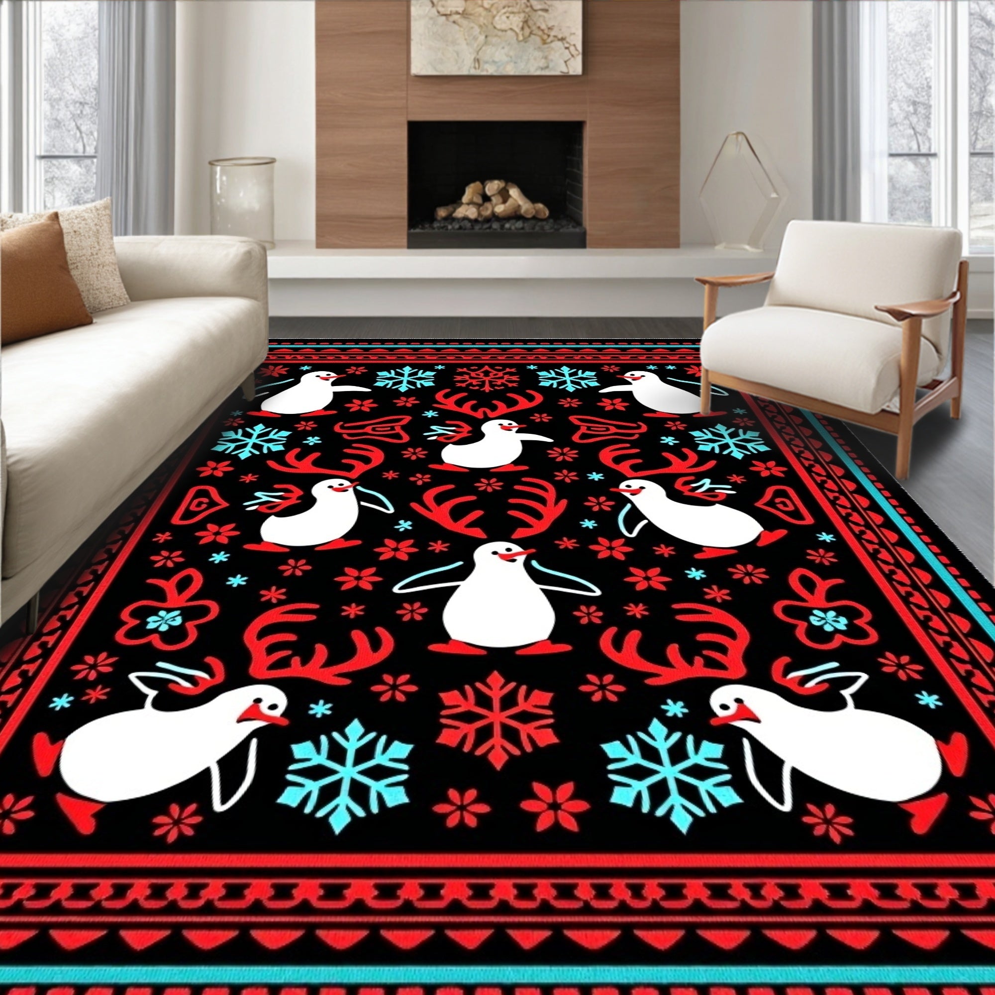 Winter Penguin Snowflake Antler Medallion Rug