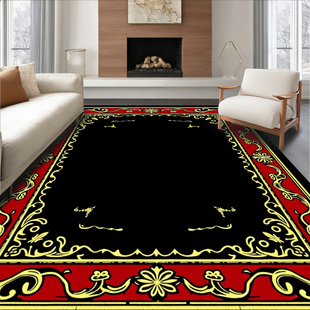 Crimson and Gold Floral Scroll Frame Rug