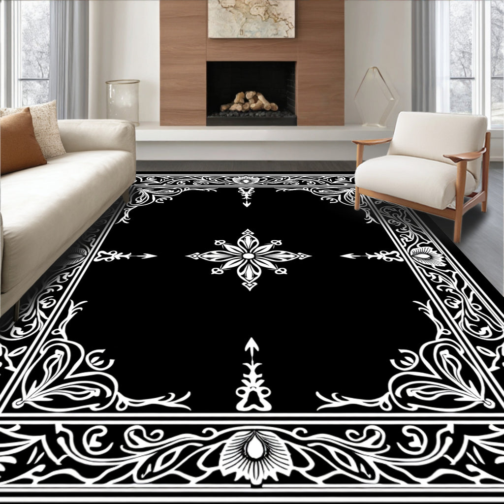Ornate White Floral Border Square Rug