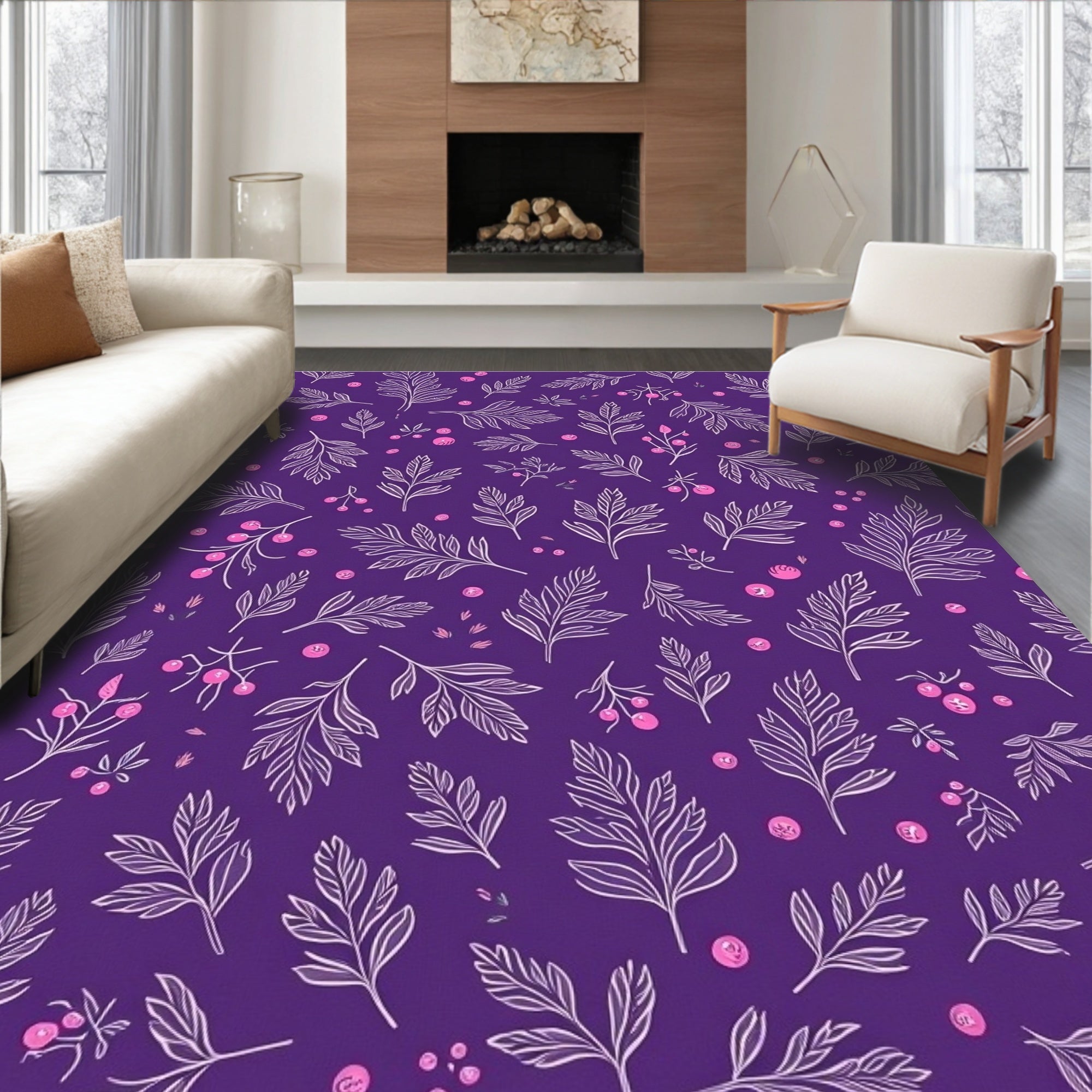 Vibrant Purple Floral Berry Sprigs Rug