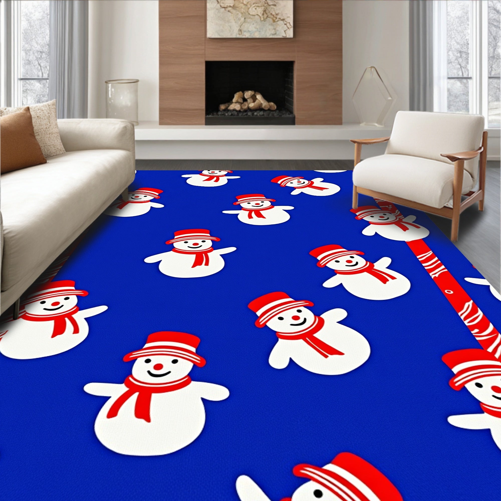 Whimsical Snowman Red Hat Scarf Rug