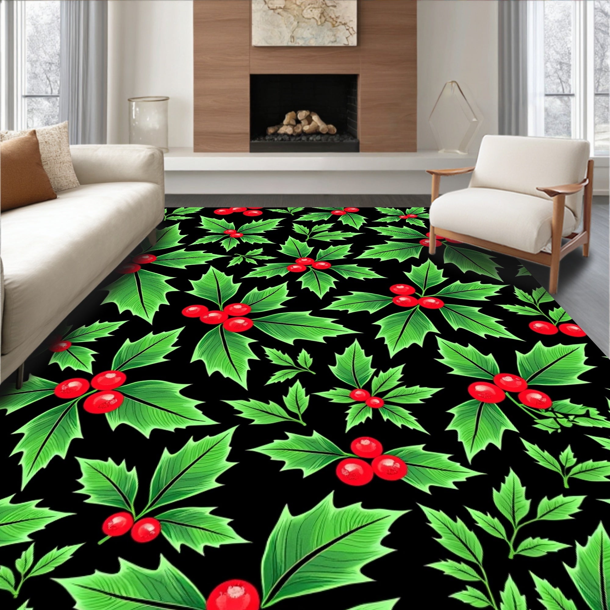 Classic Christmas Holly Berry Sprigs Rug