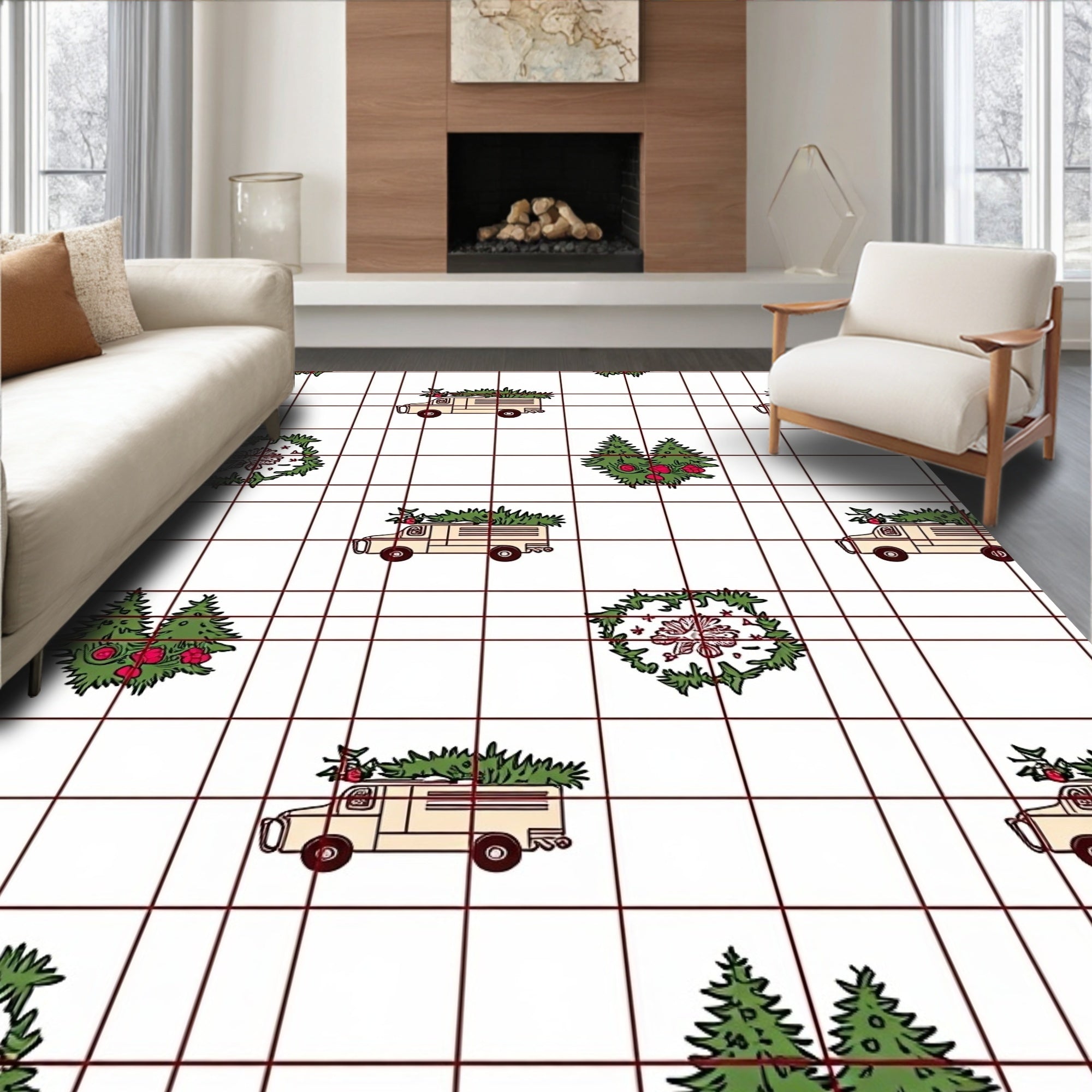 Festive Cream Truck Tree Wreath Rug
