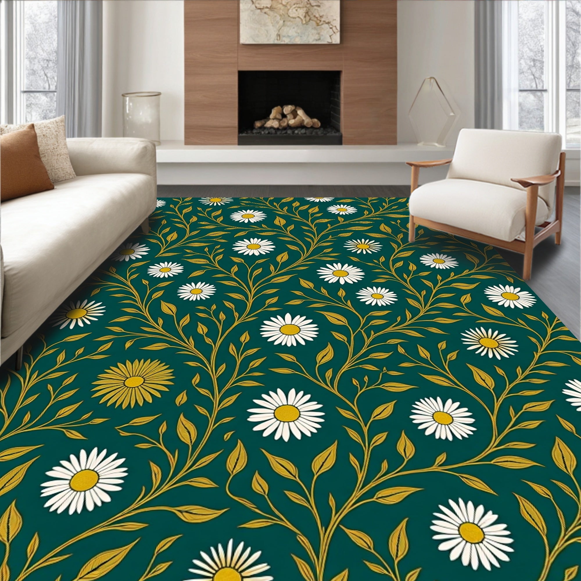 Deep Teal White Daisy Vine Rug