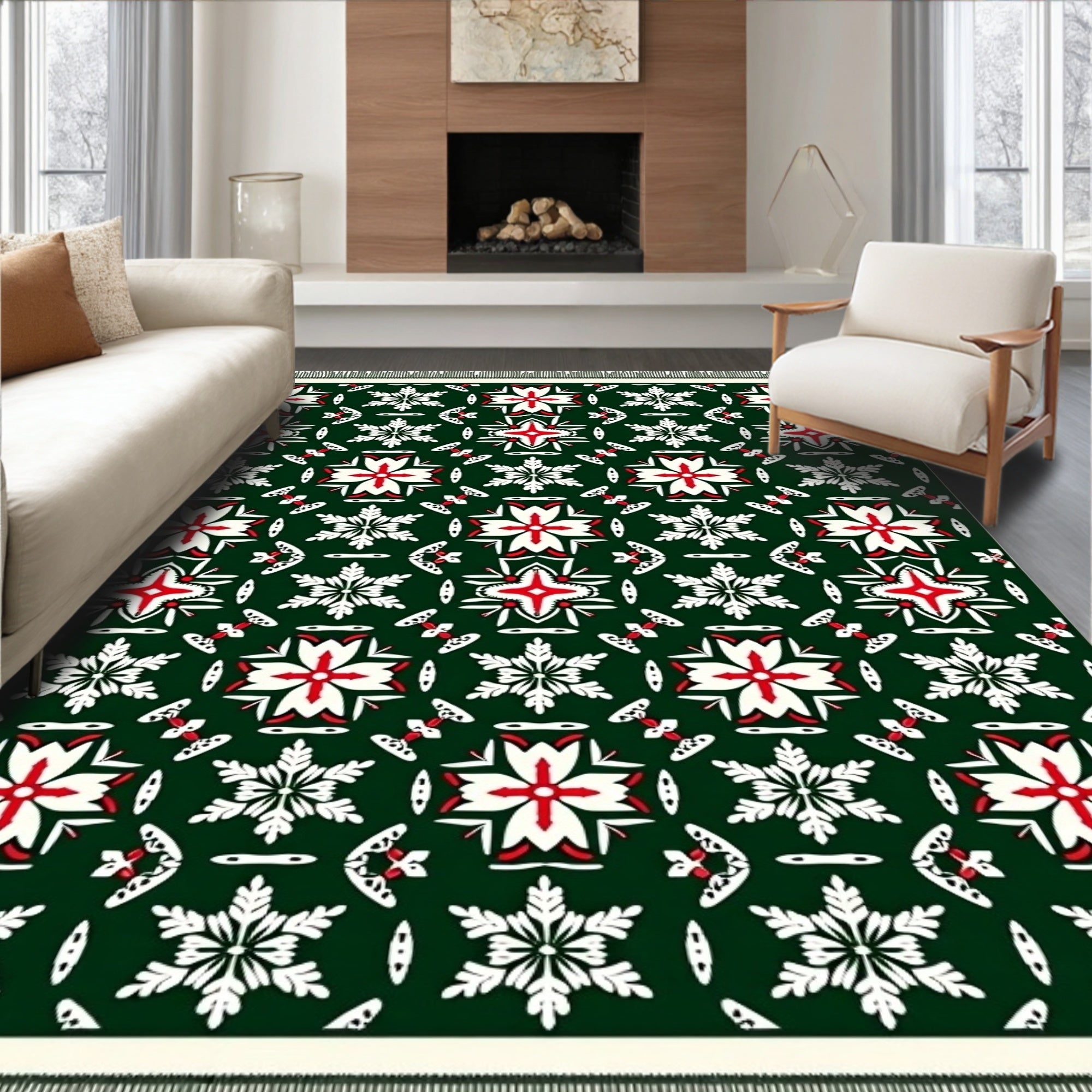 Crimson White Snowflake Emerald Geometric Rug