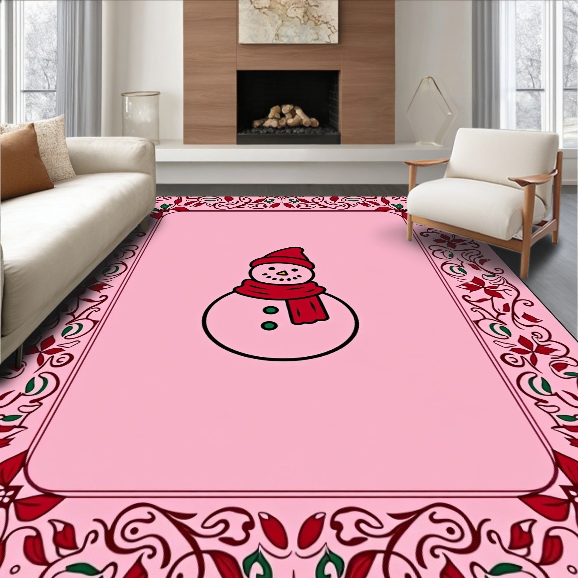 Pink Snowman Floral Border Rug