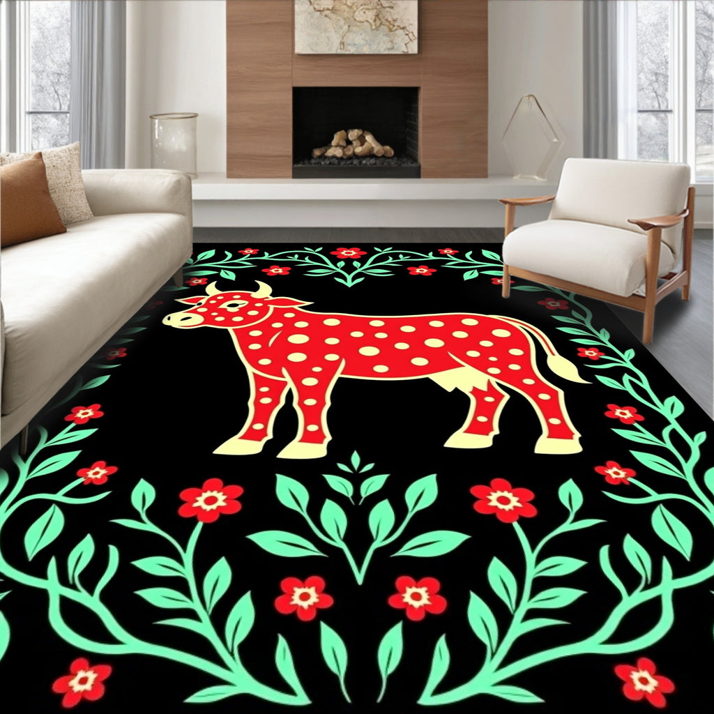 Red Polka Dot Cow Floral Border Rug