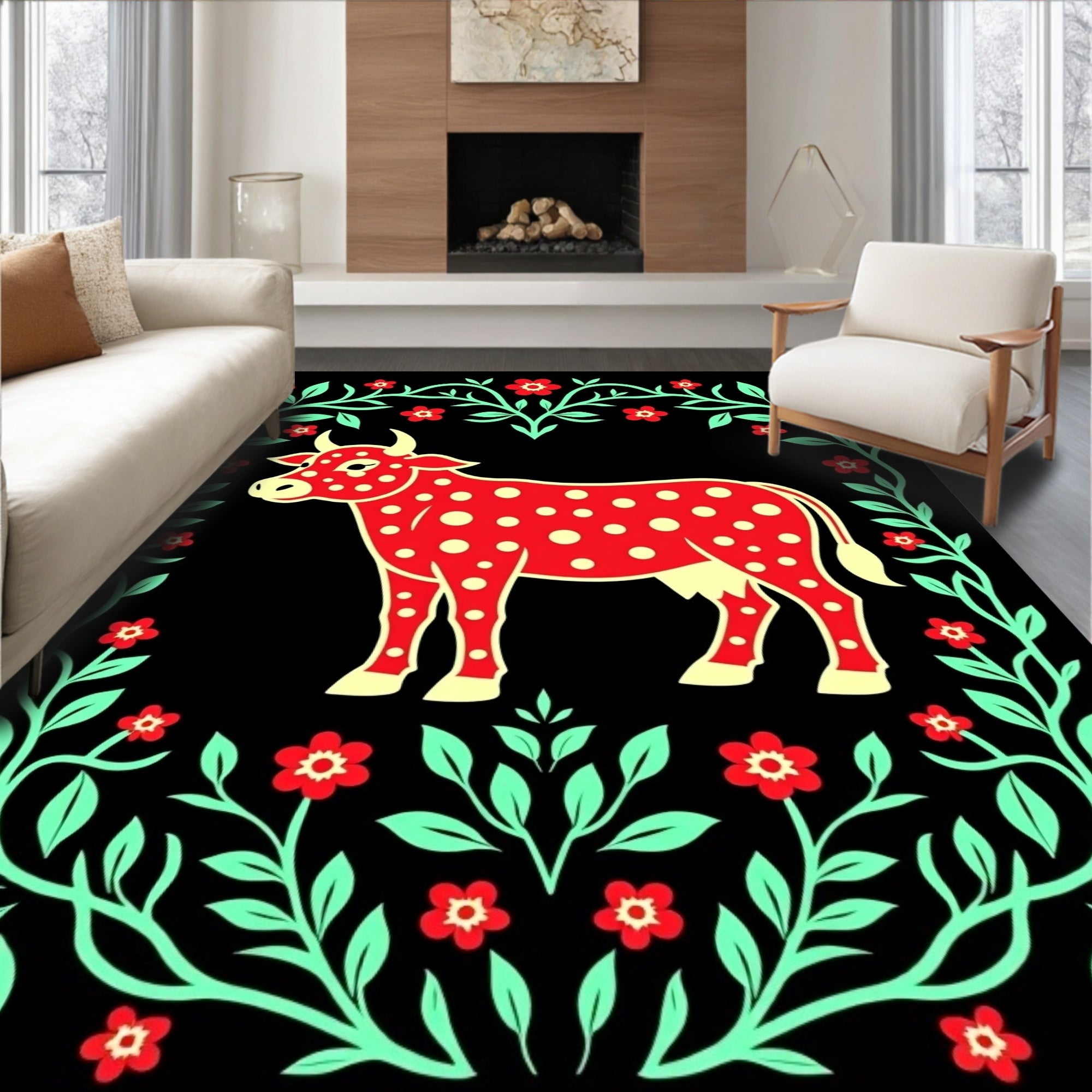 Red Polka Dot Cow Floral Border Rug