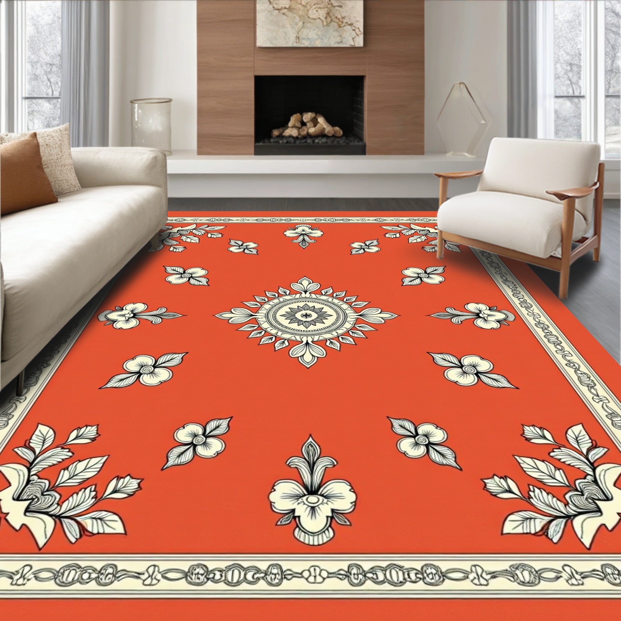 Vibrant Orange Floral Medallion Border Rug