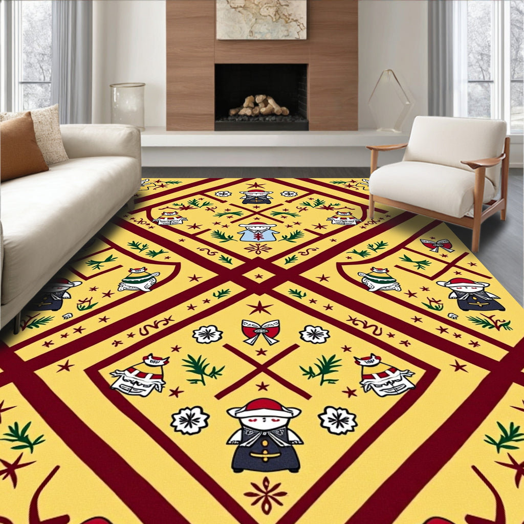 Crimson Yellow Folk Art Figures Rug
