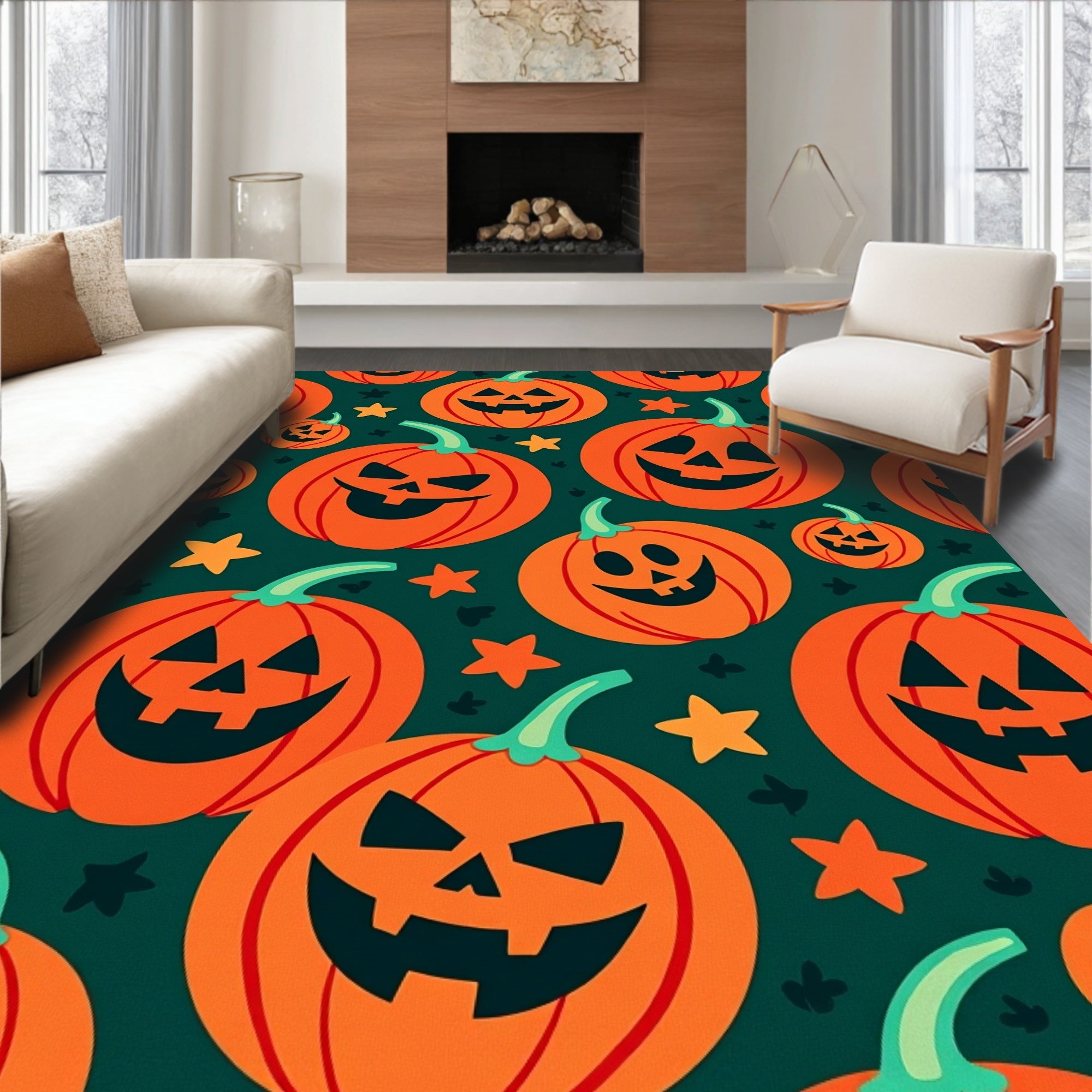Orange Jack O Lantern Halloween Stars Rug