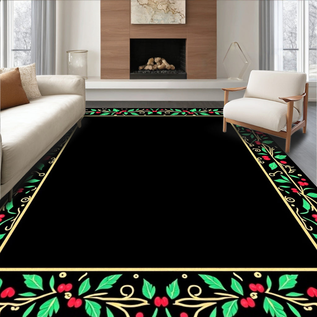 Red Berry Green Leaf Gold Vine Border Rug