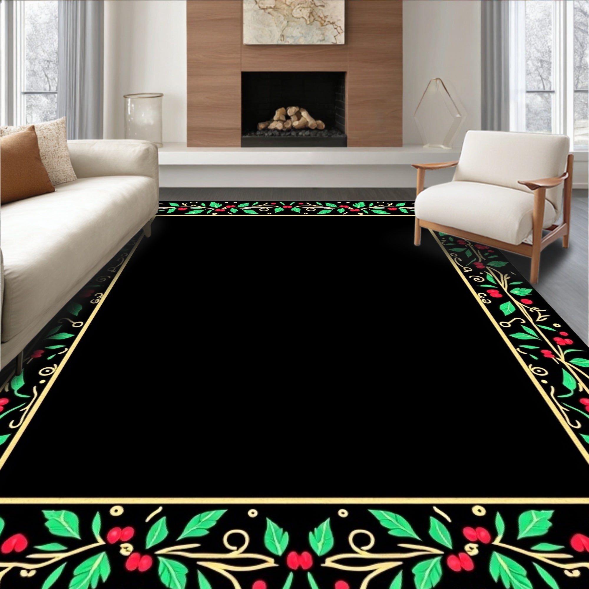 Red Berry Green Leaf Gold Vine Border Rug