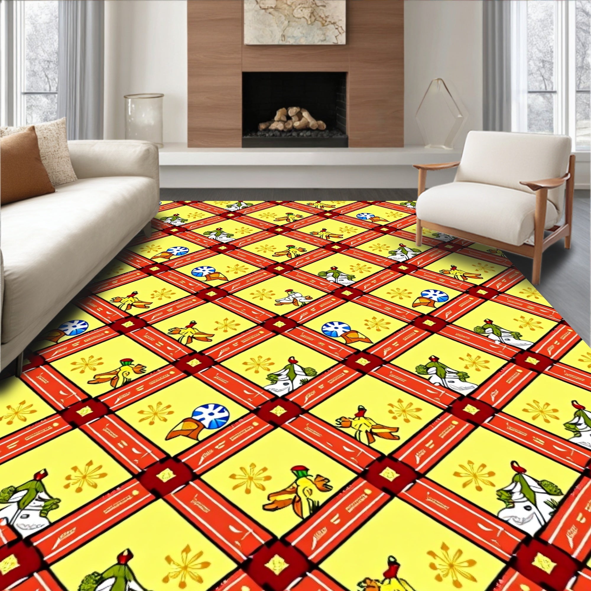 Yellow Red Lattice Festive Figures Medallion Rug