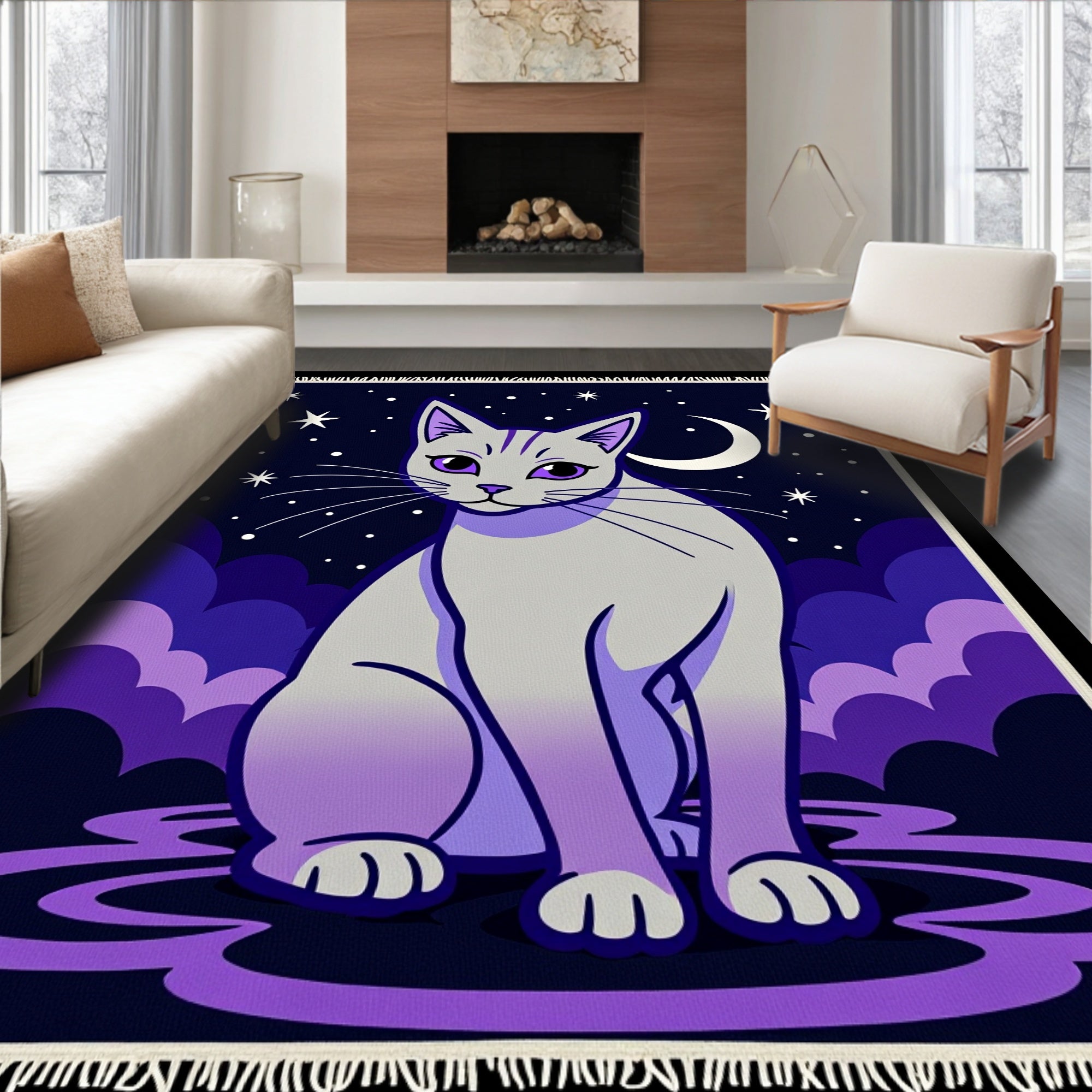 Mystical Gray Cat Starry Night Rug