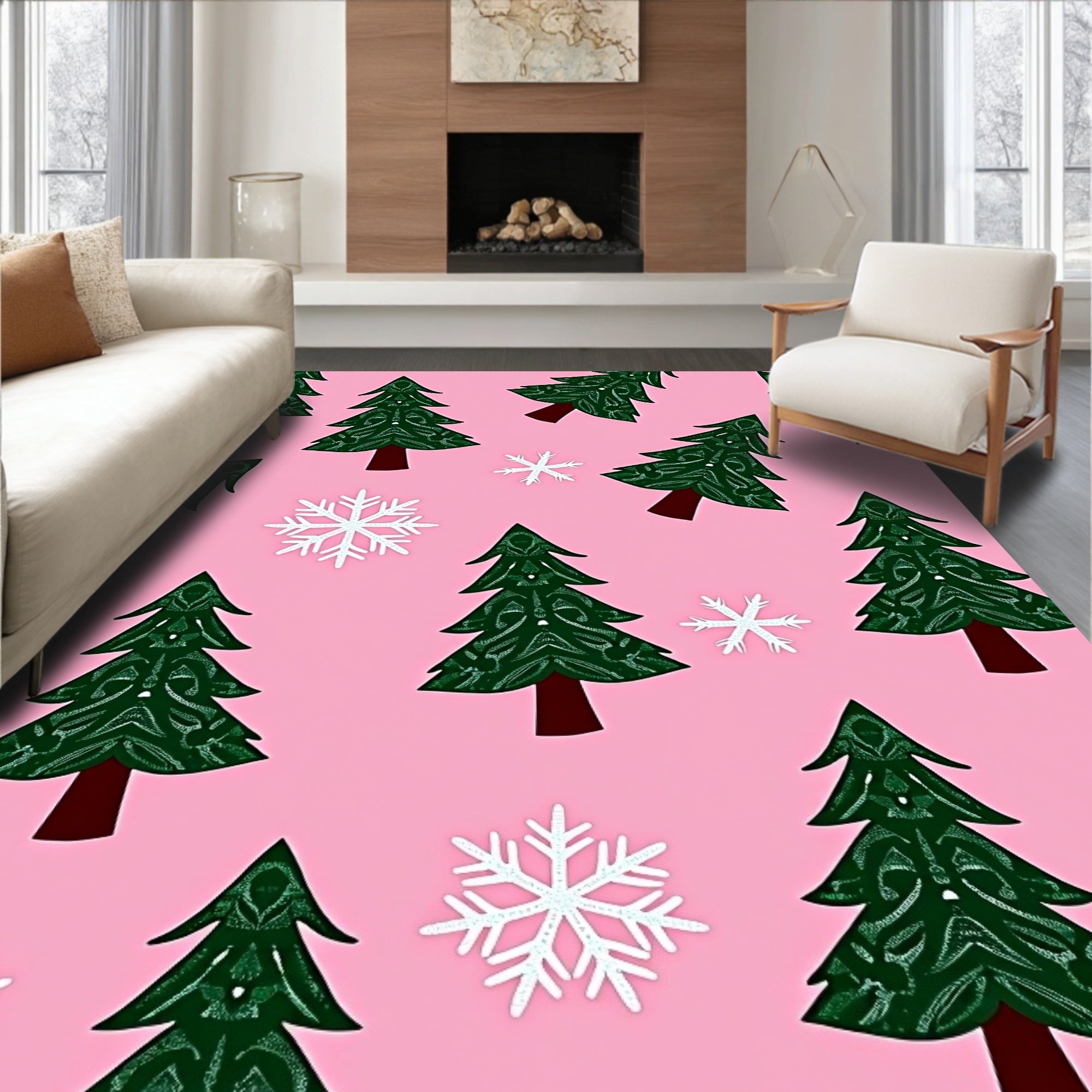 Festive Green Christmas Trees Snowflakes Rug
