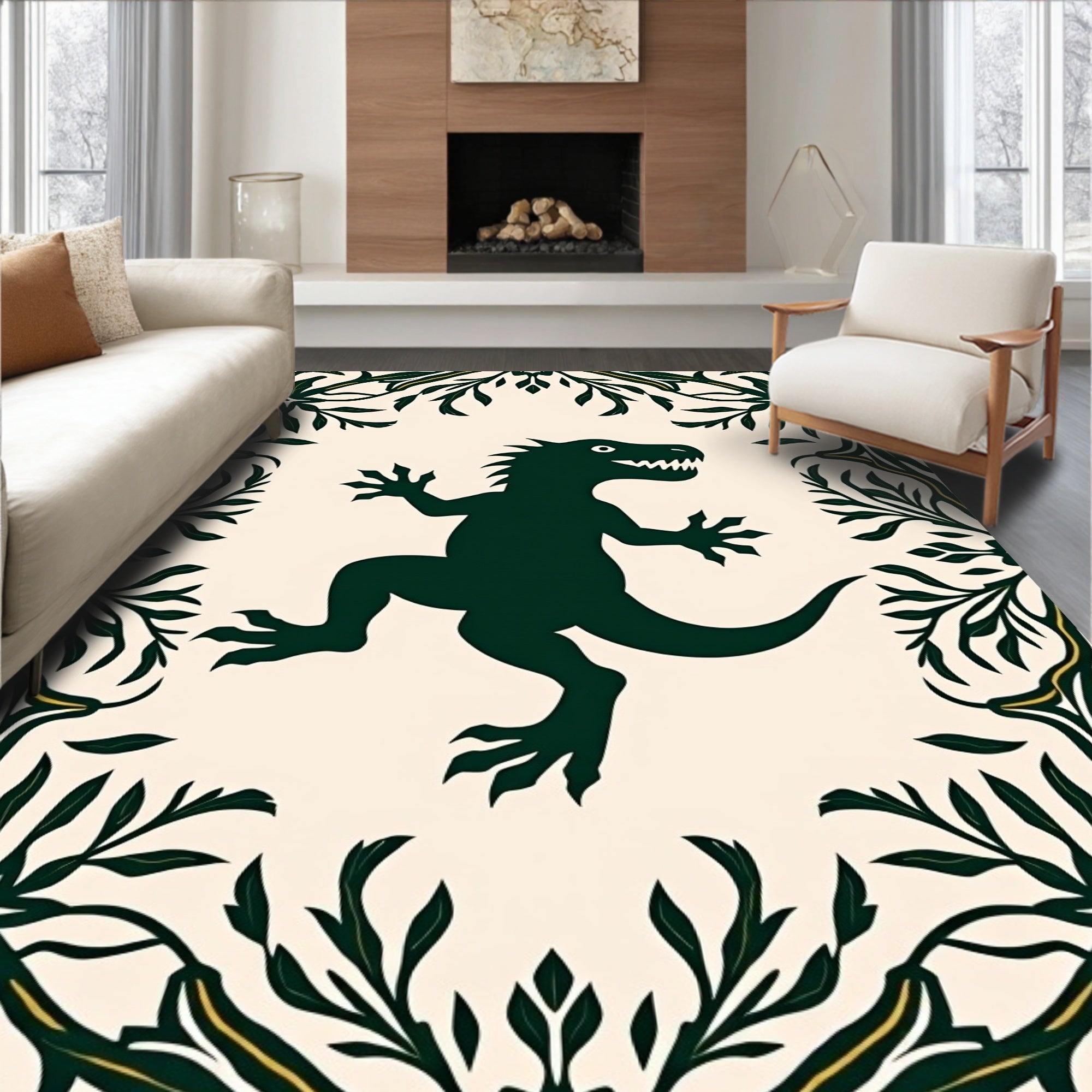 Whimsical Green Dinosaur Foliage Border Rug
