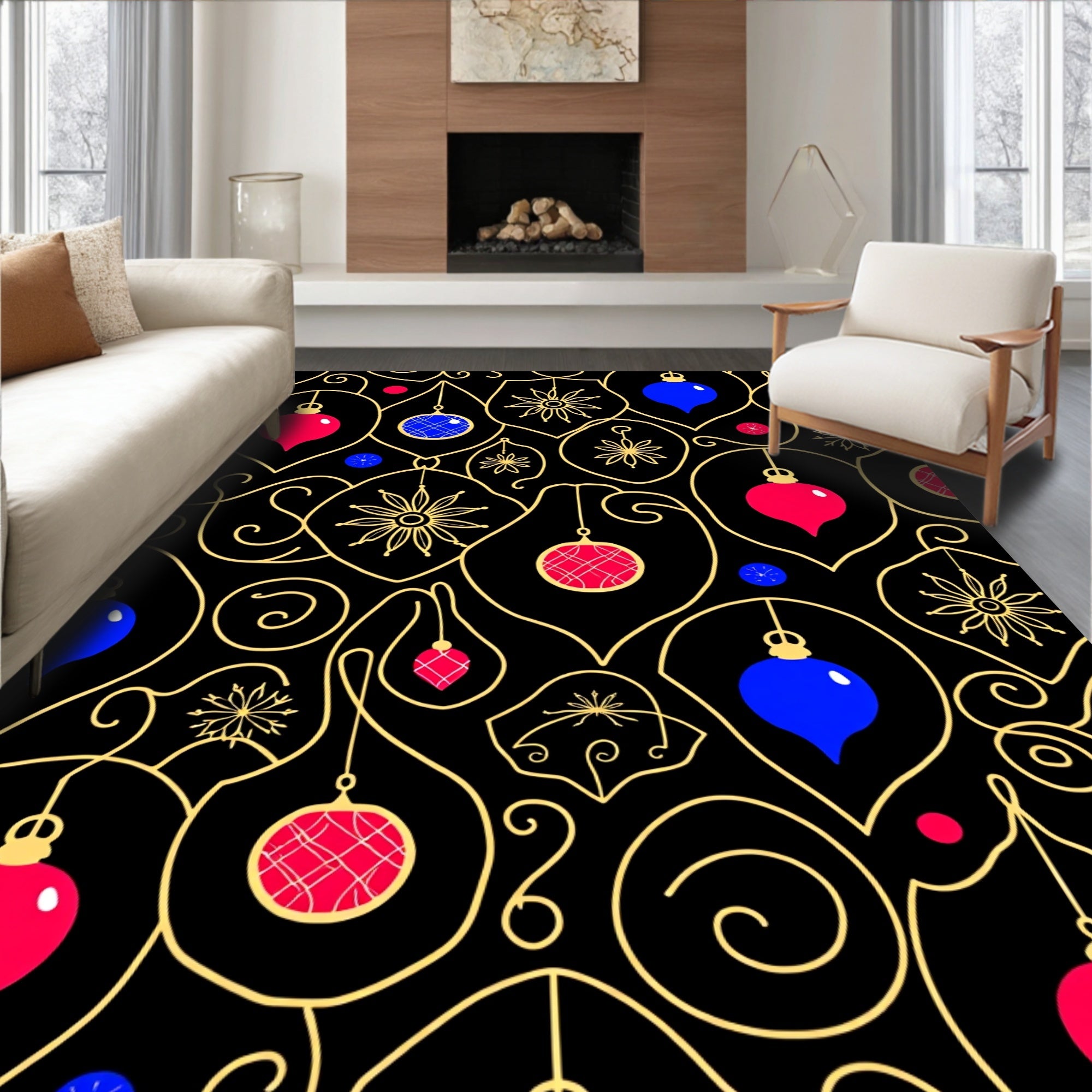 Crimson Blue Festive Ornament Swirl Rug
