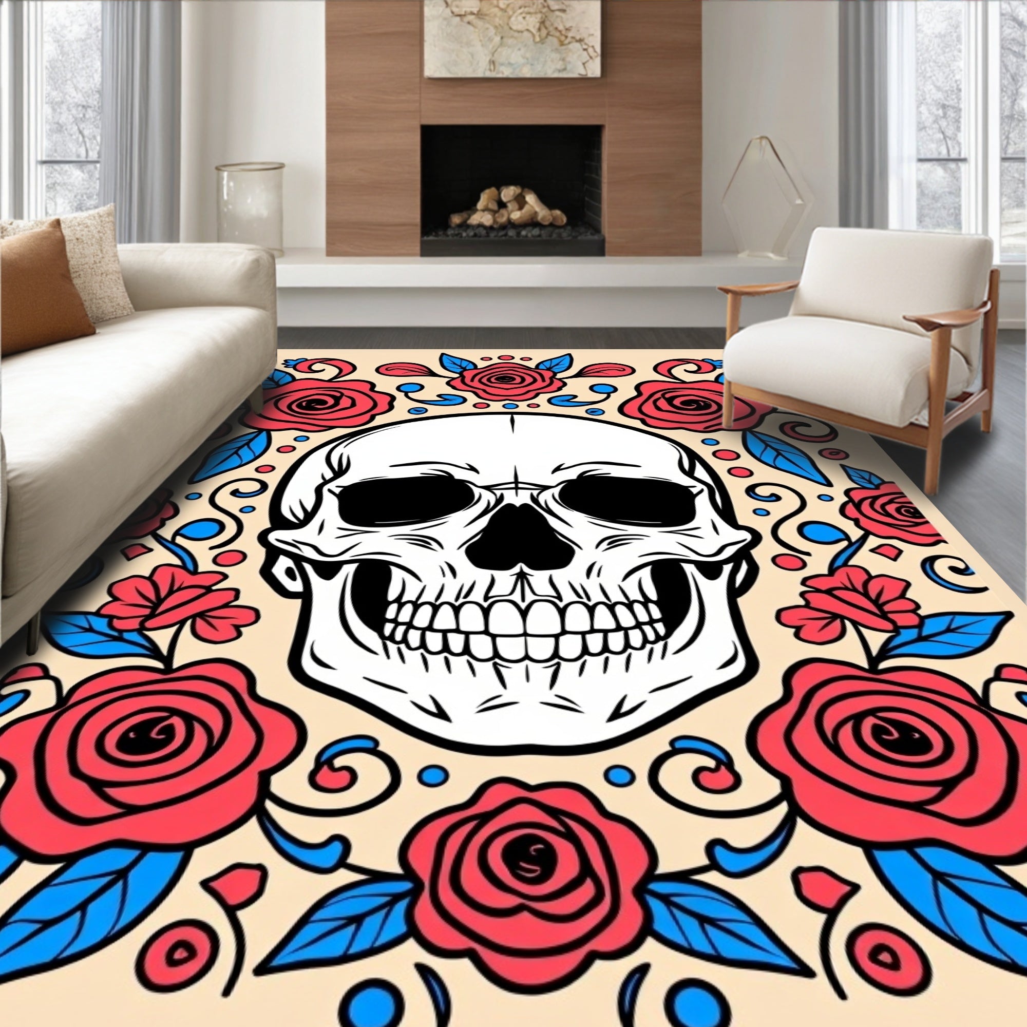 Crimson Floral Skull Accent Rug