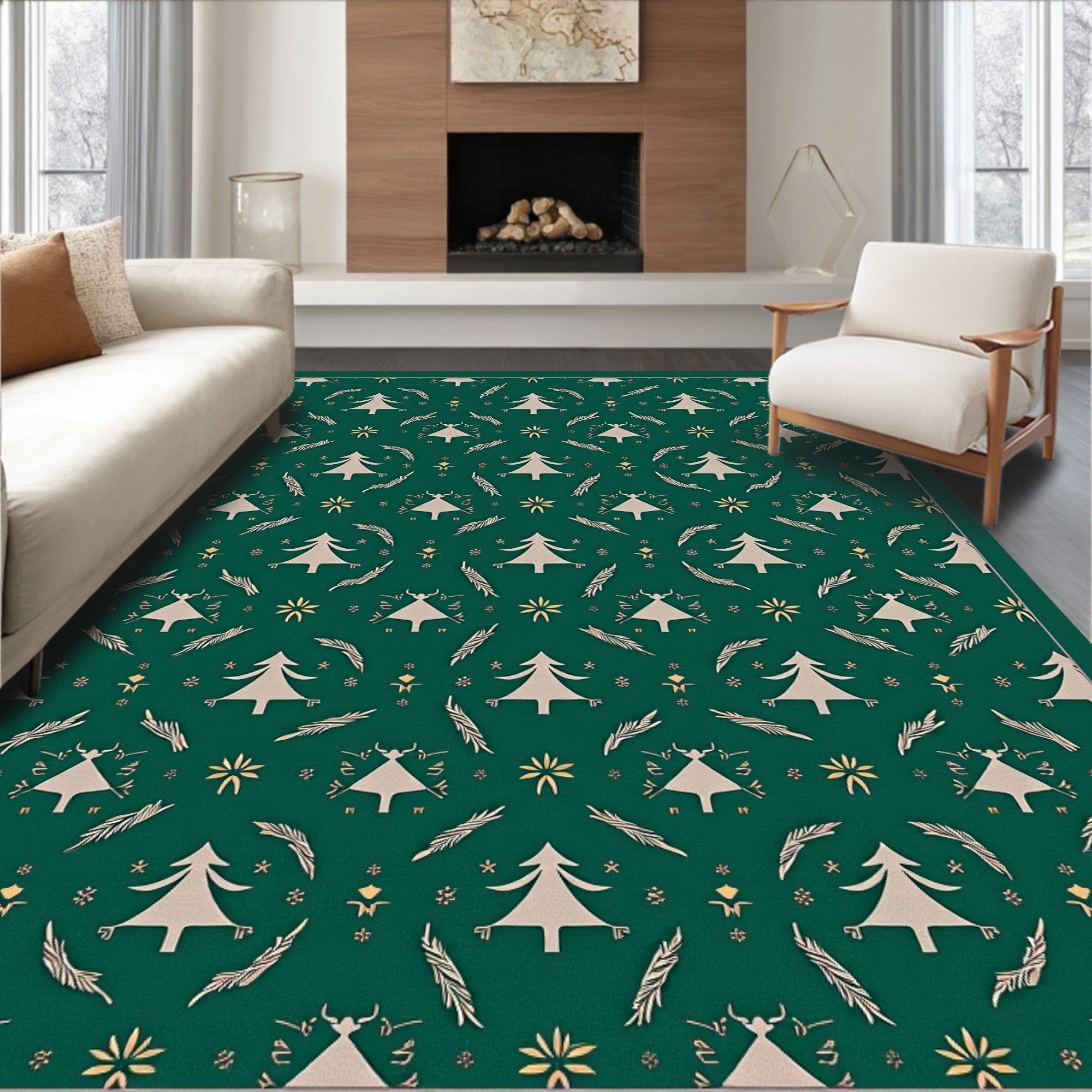 Dark Green Cream Pine Tree Ensemble Rug