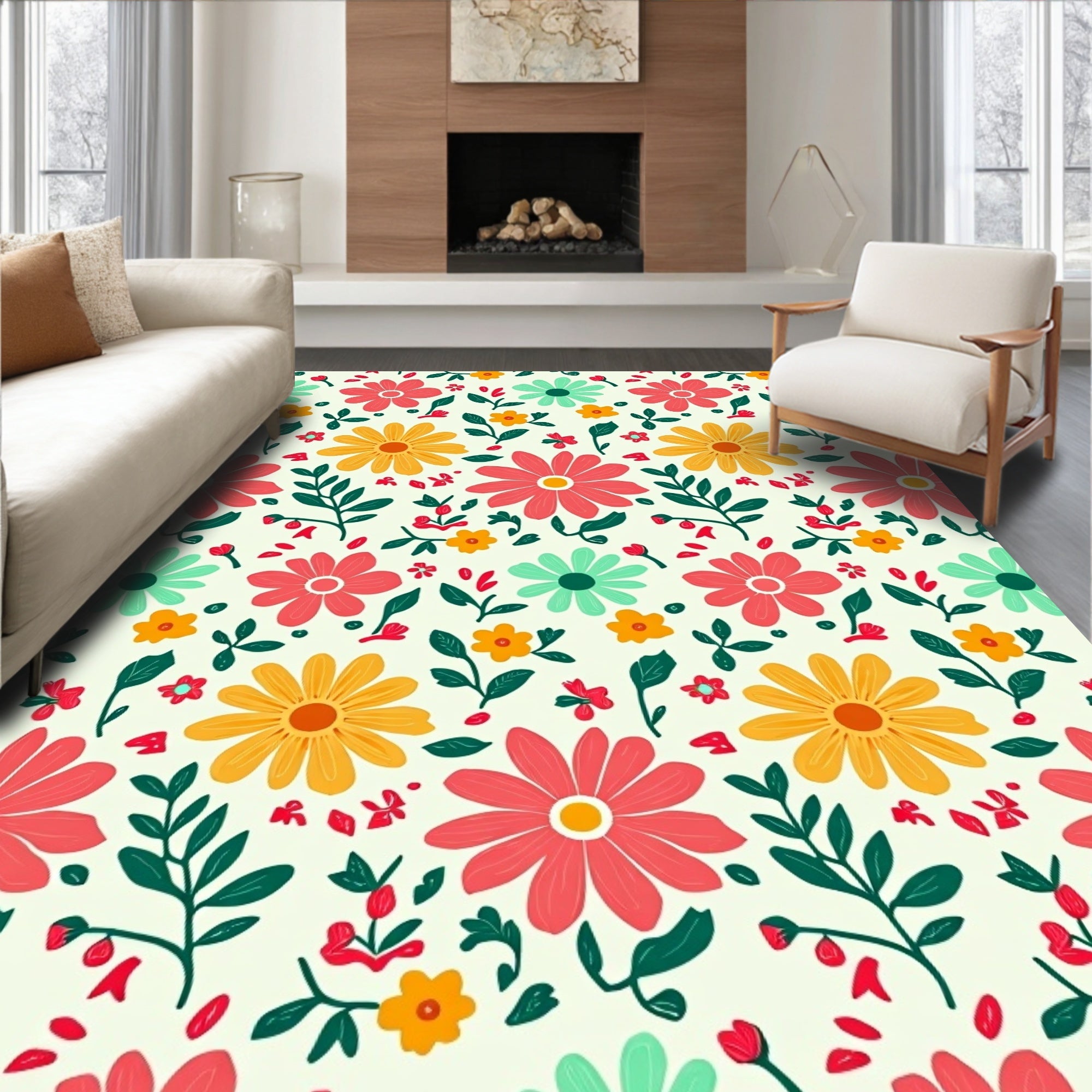 Coral Mint Yellow Daisy Garden Rug