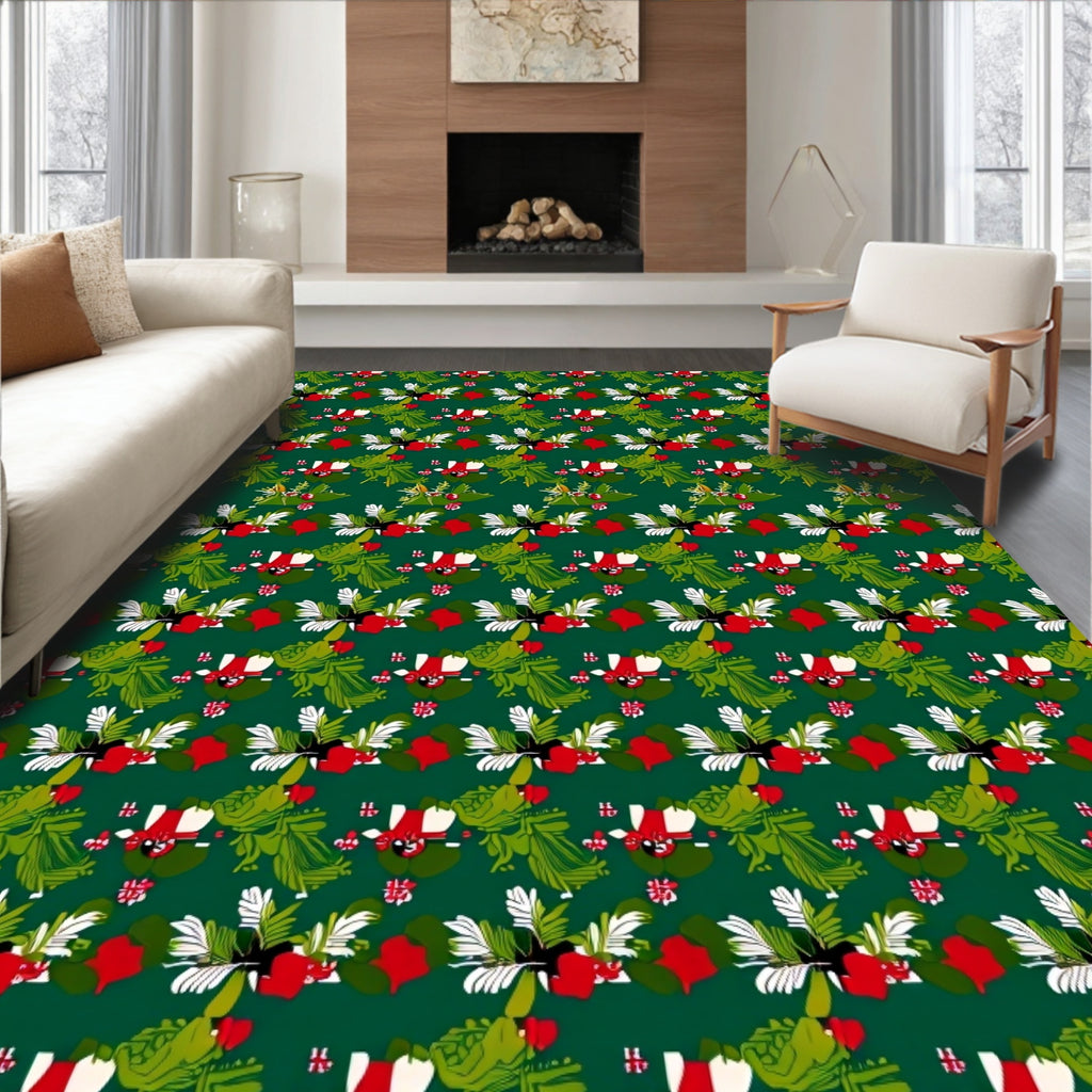Emerald Green Red White Floral Garland Rug