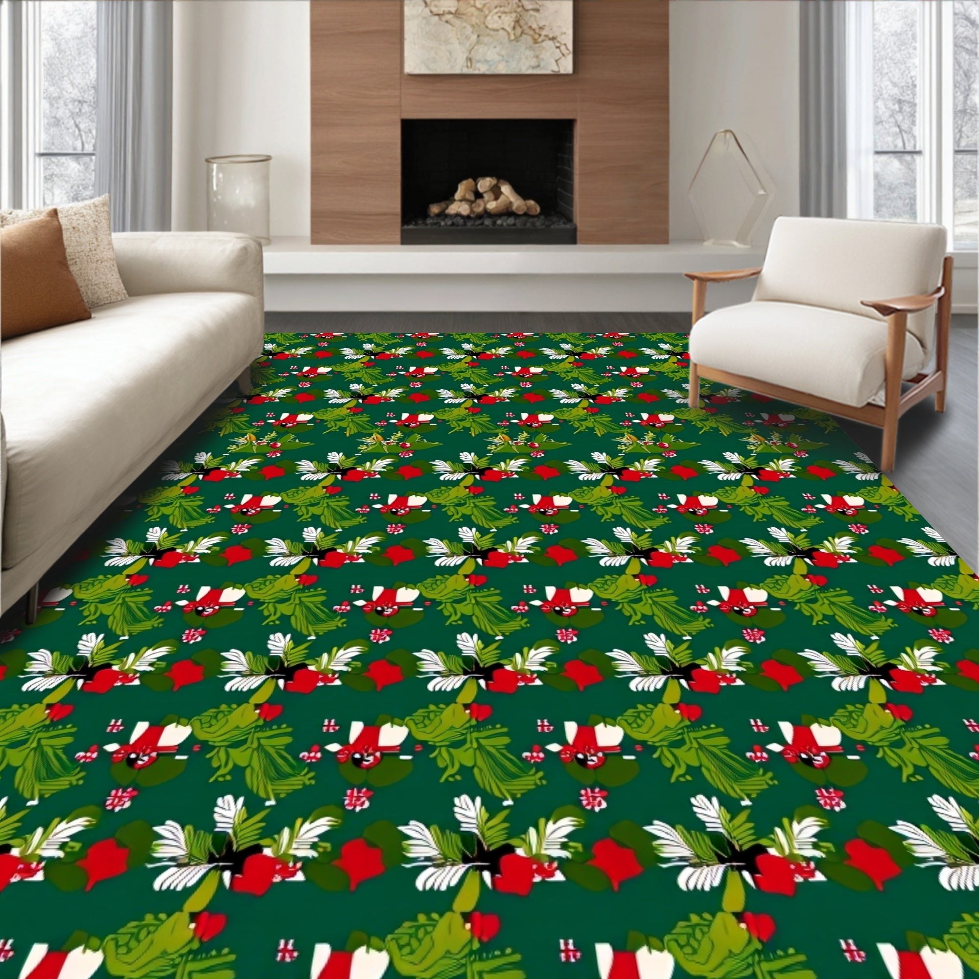 Emerald Green Red White Floral Garland Rug