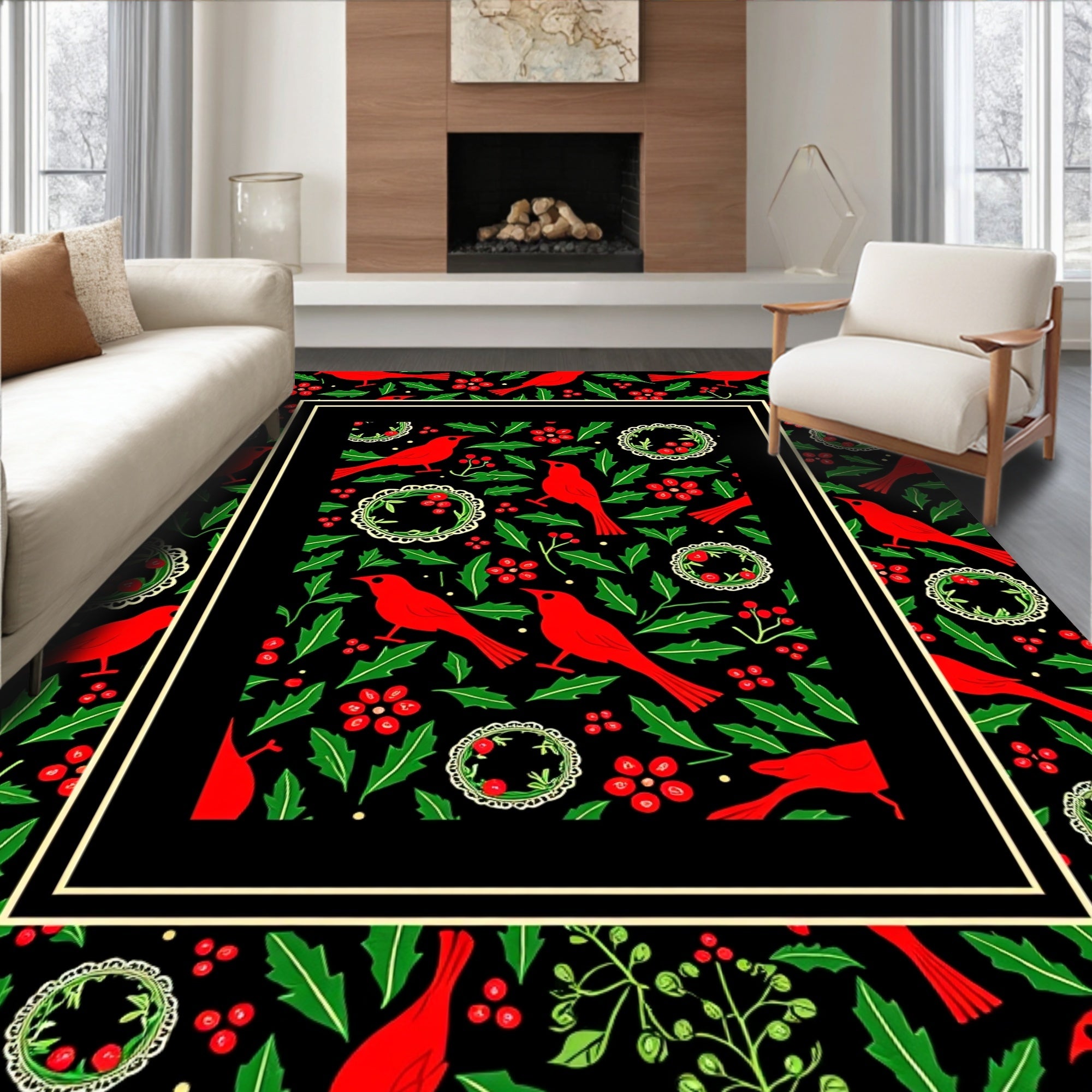 Red Cardinal Holly Berry Wreath Rug