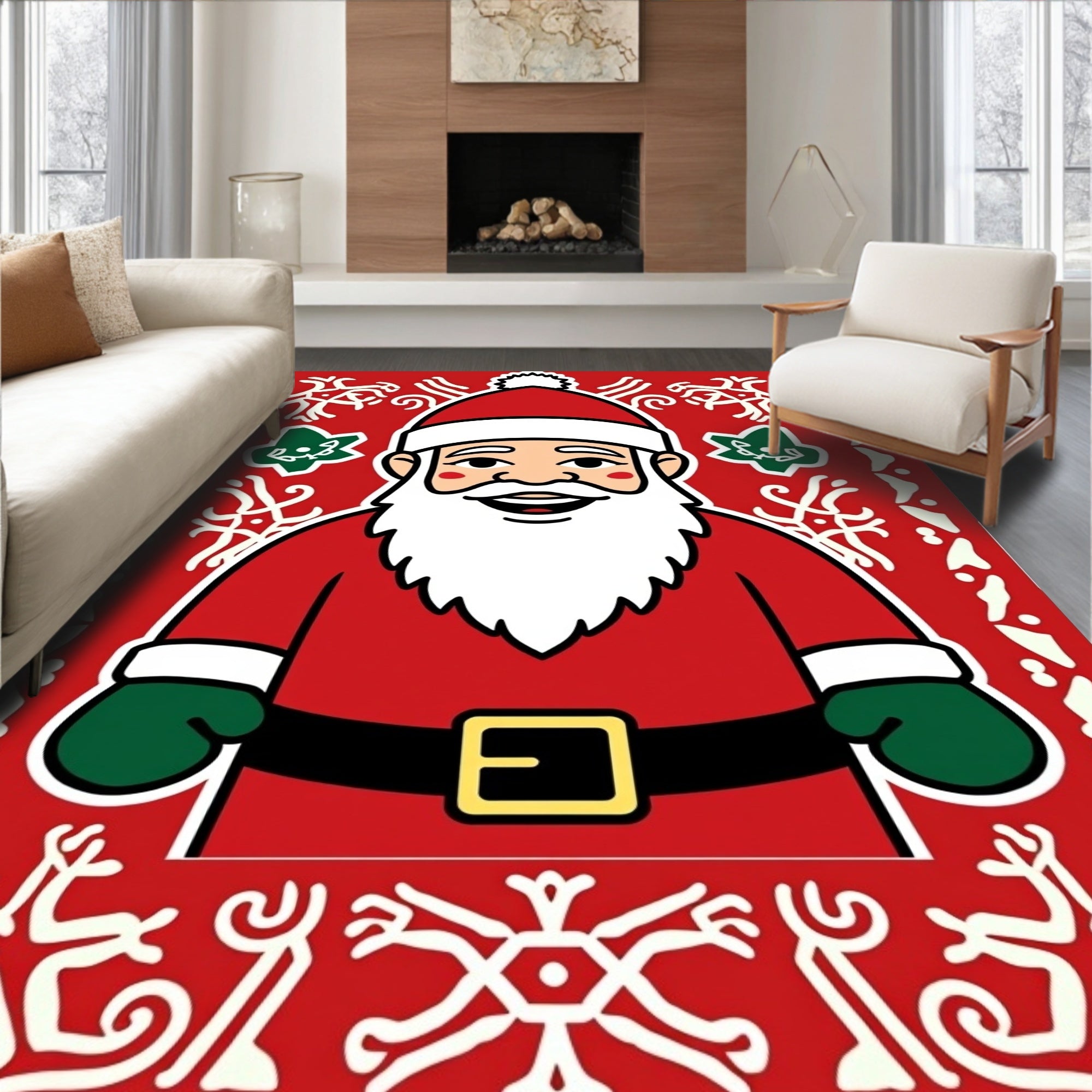 Festive Red Santa Claus Snowflakes Border Rug