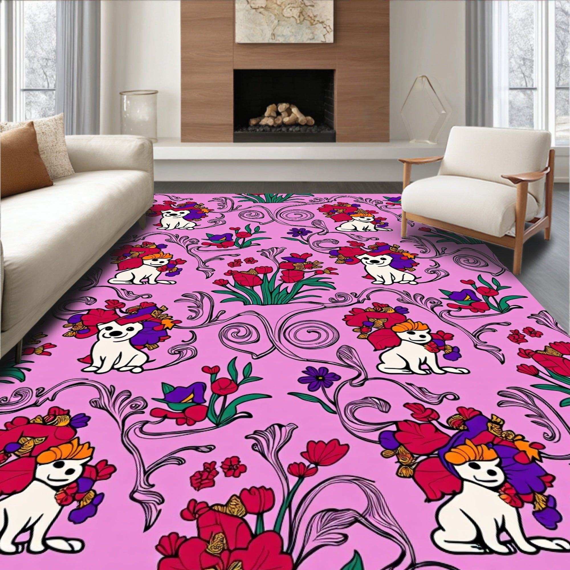 Whimsical Floral Puppy Meadow Rug