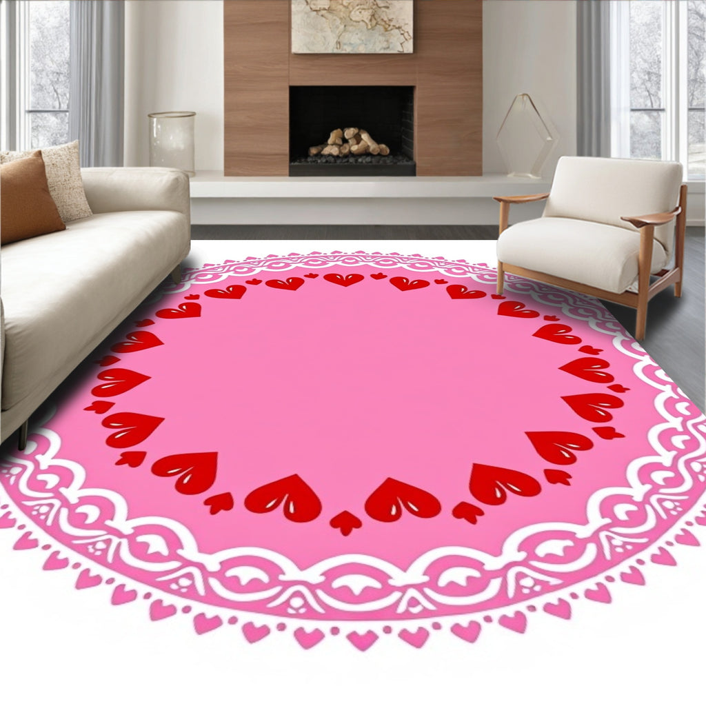 Pink Red Heart Lace Round Rug