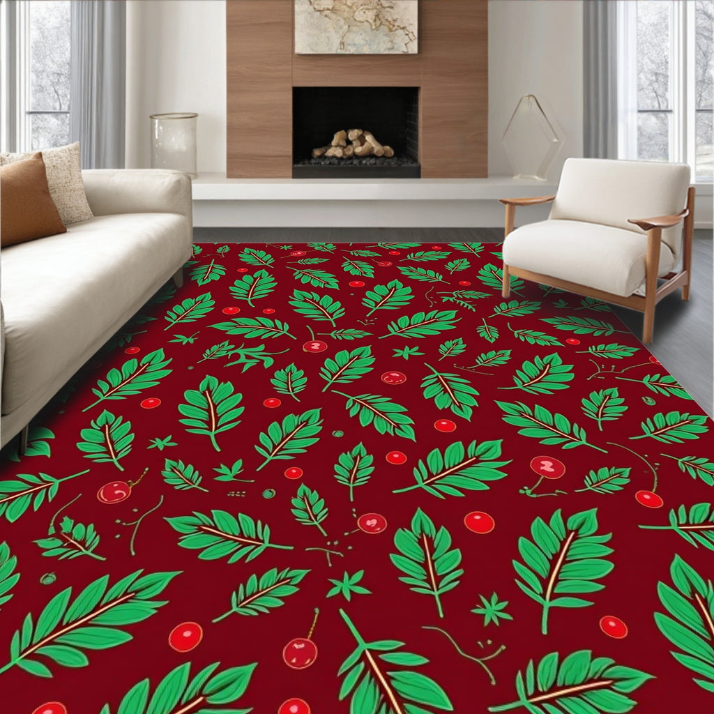 Deep Red Leafy Berry Branch Rug