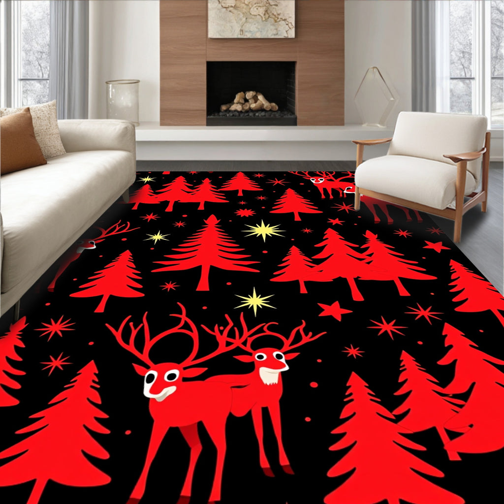Red Reindeer Forest Night Sky Rug