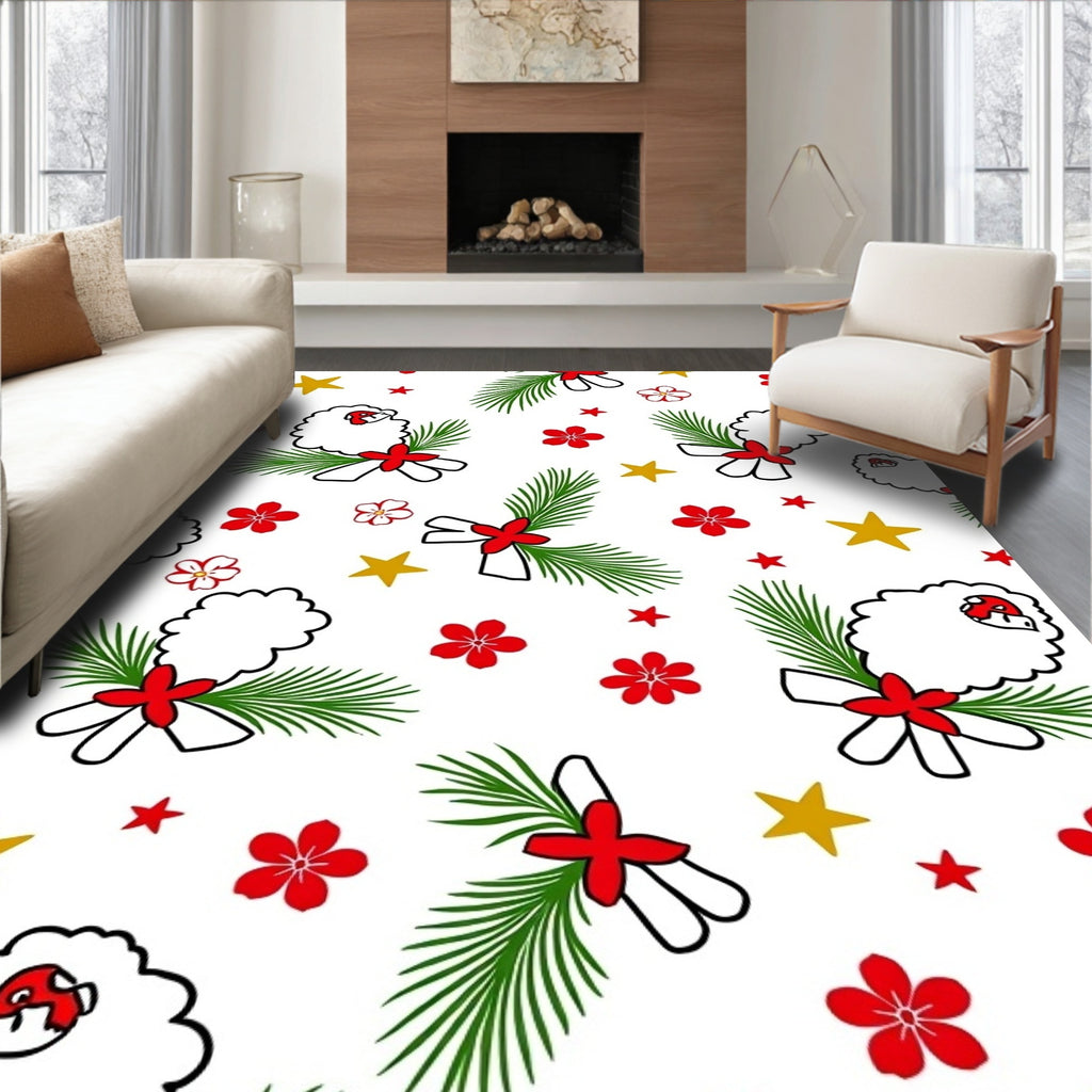 Festive Sheep Red Floral Gold Stars Rug