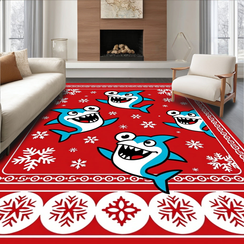 Whimsical Blue Sharks Snowflakes Red Rug