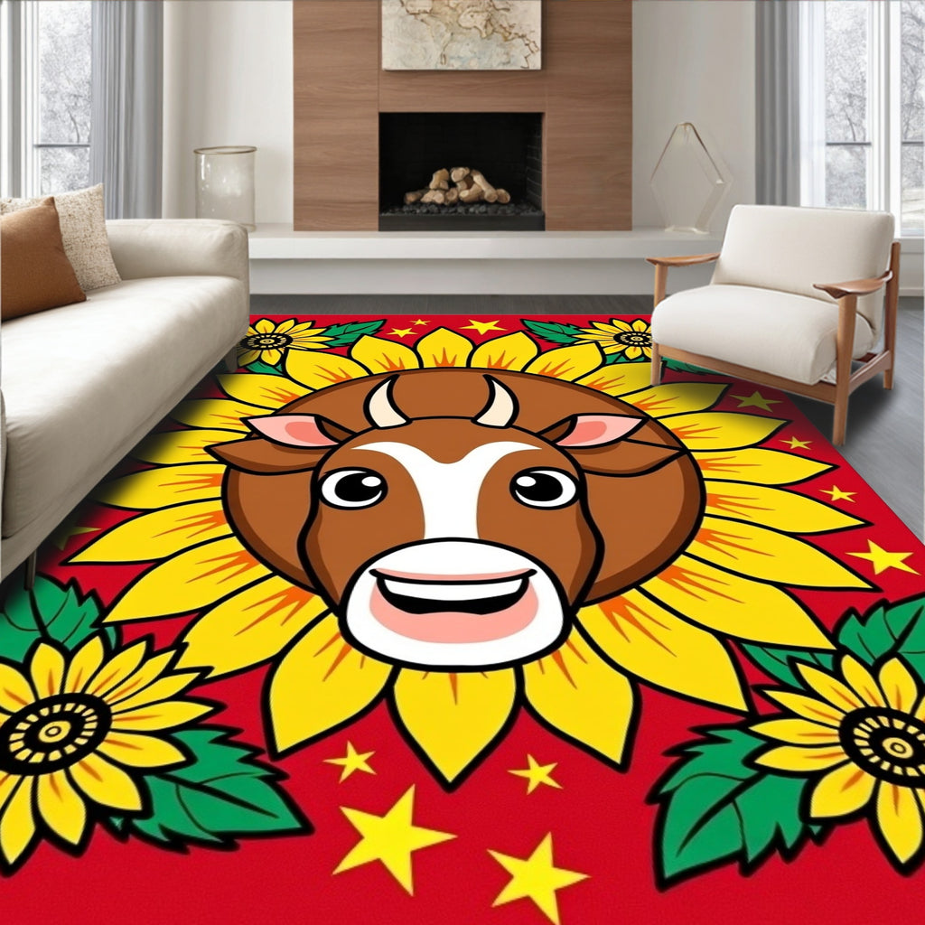 Whimsical Brown Cow Sunflower Garden Rug