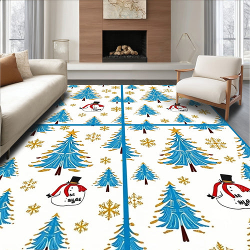 Blue Christmas Trees Snowman Gold Snowflakes Rug