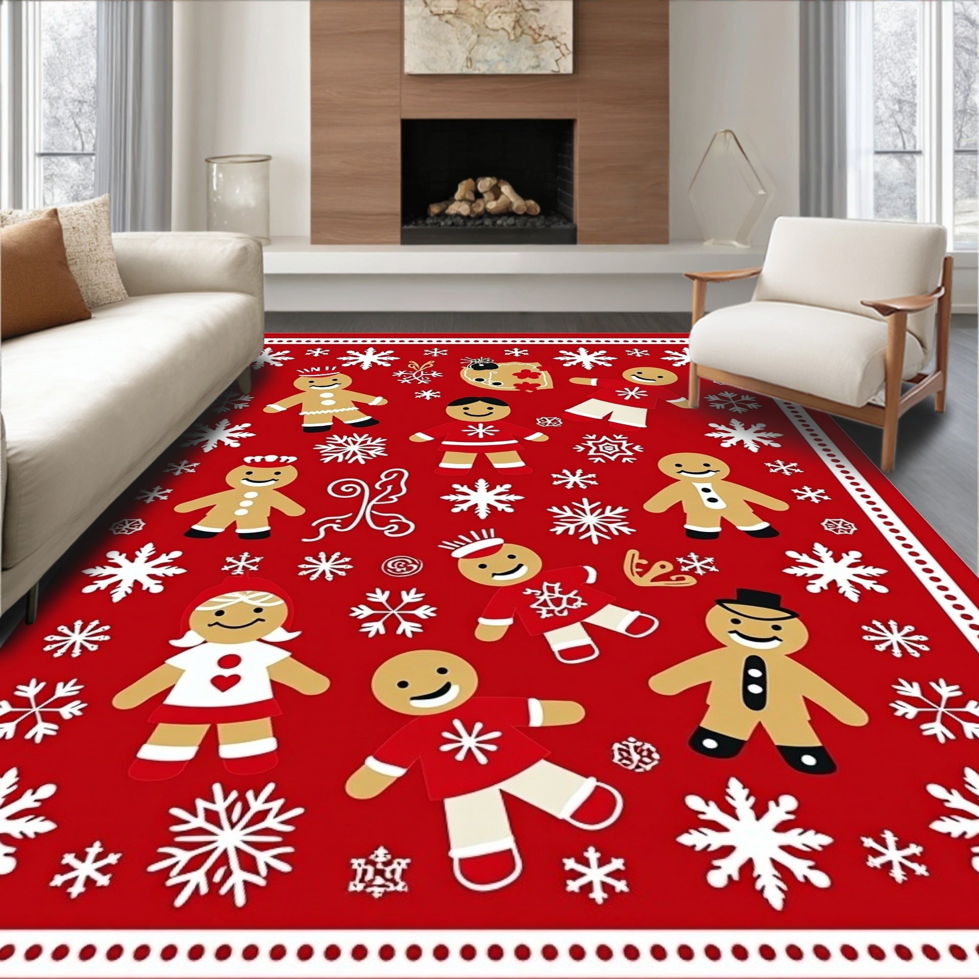 Festive Red Gingerbread Snowflakes Rug