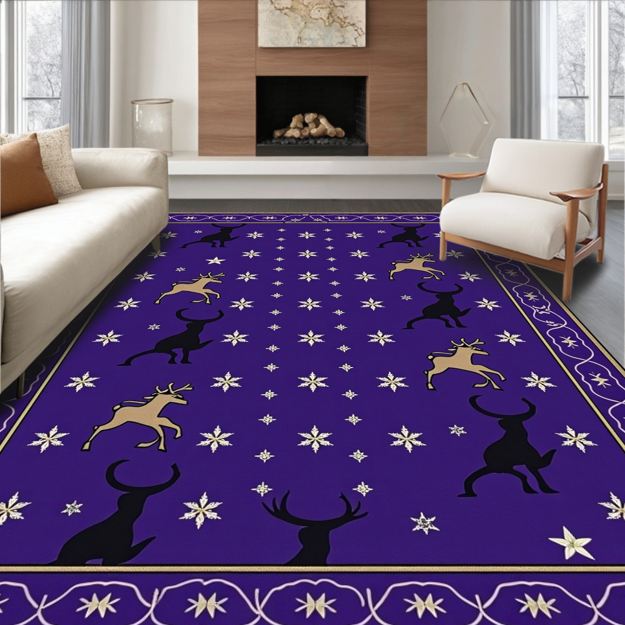 Deep Purple Reindeer Snowflake Border Rug