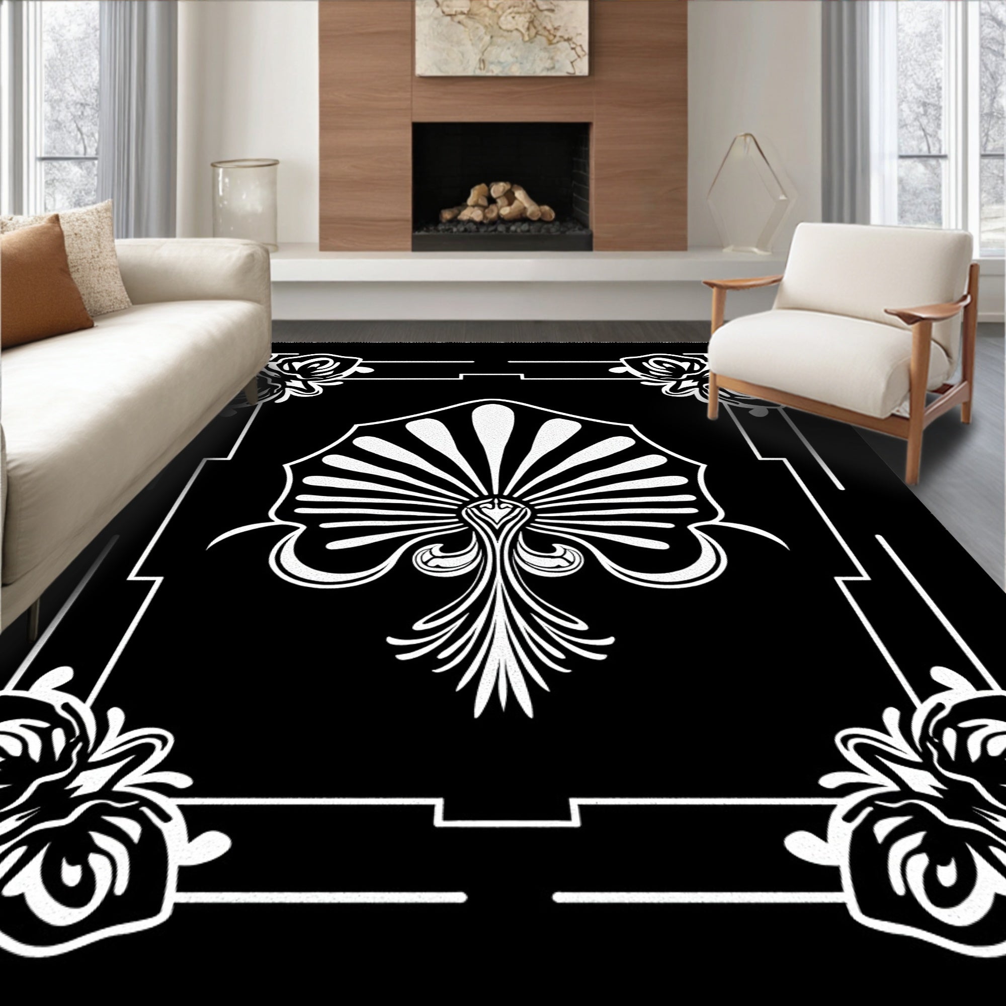 Art Deco Black White Floral Fan Rug