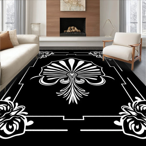 Art Deco Black White Floral Fan Rug