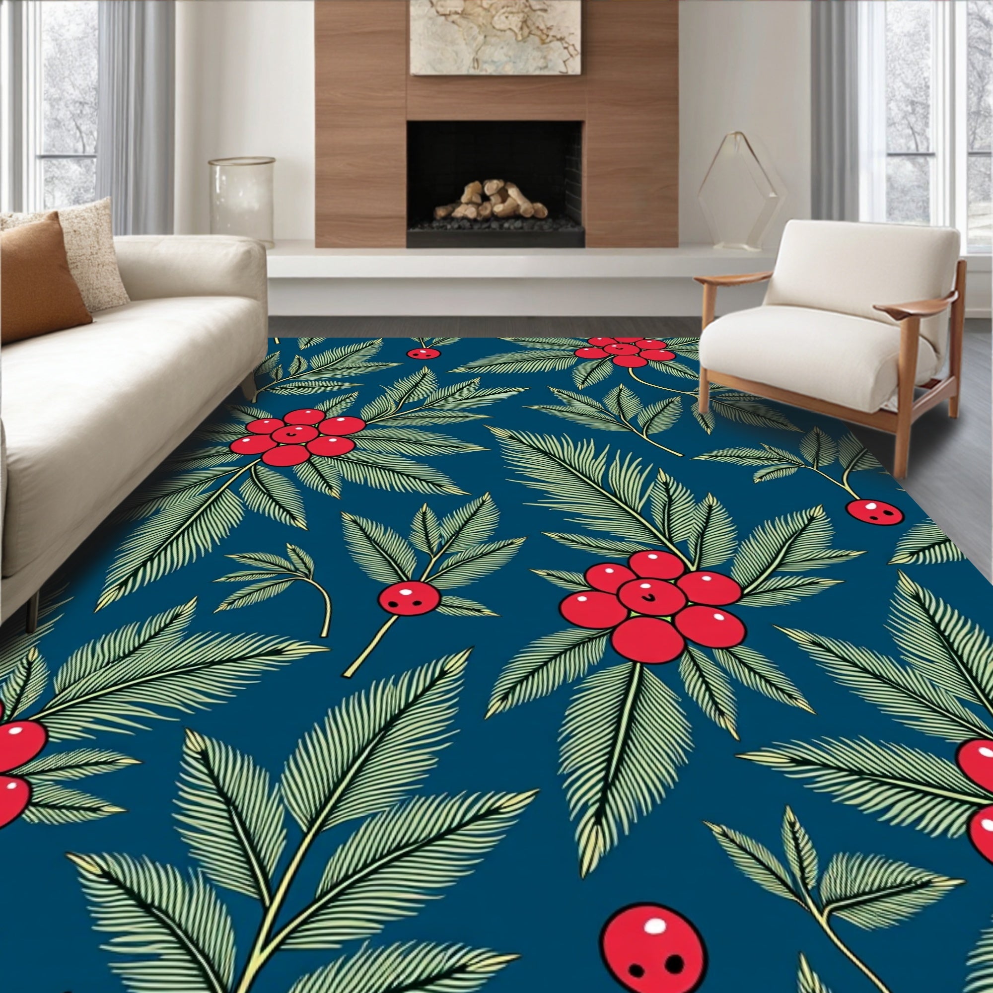 Crimson Holly Branches Navy Background Rug