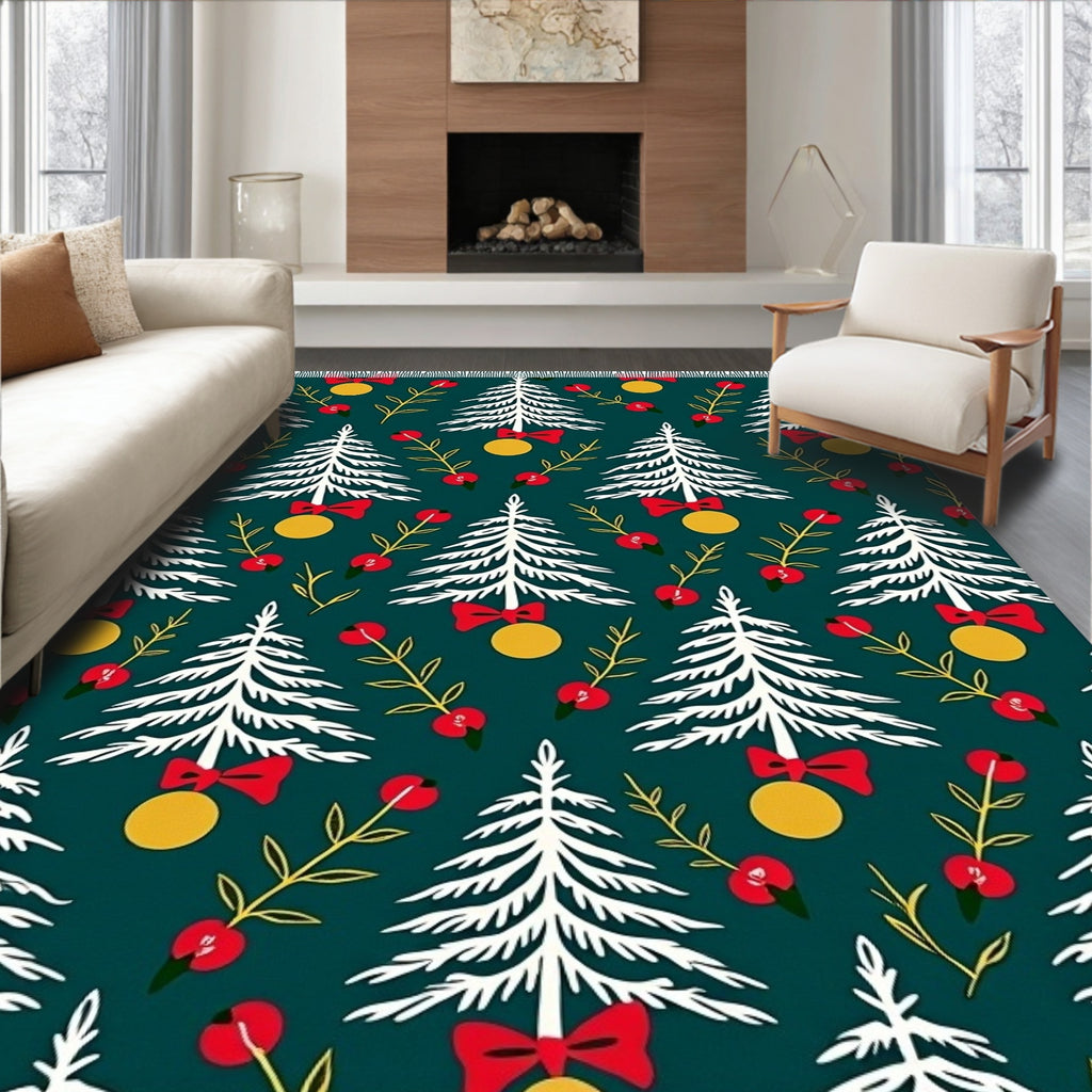 White Pine Tree Christmas Red Bow Rug