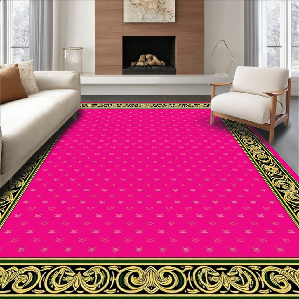 Ornate Pink Gold Scroll Border Rug
