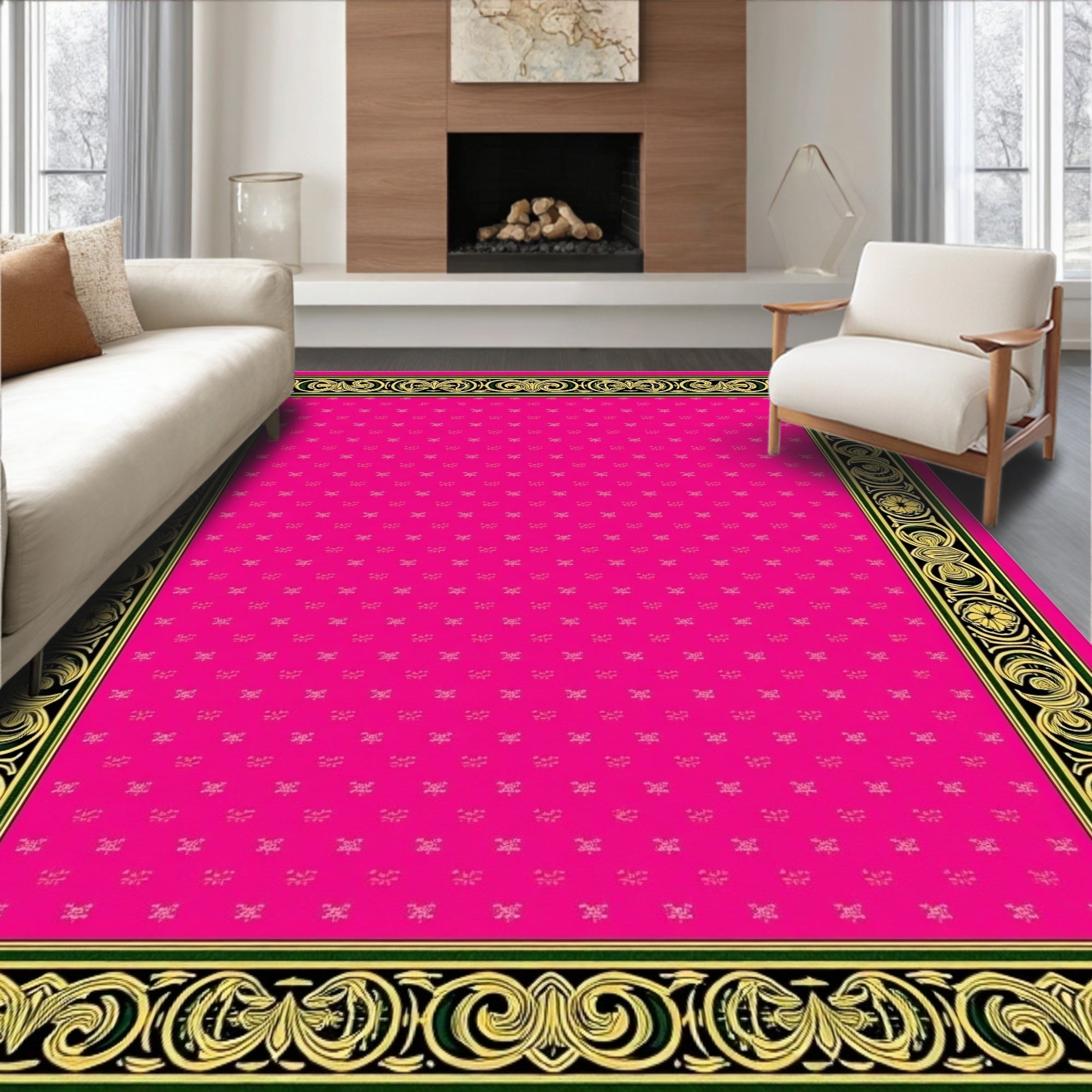 Ornate Pink Gold Scroll Border Rug