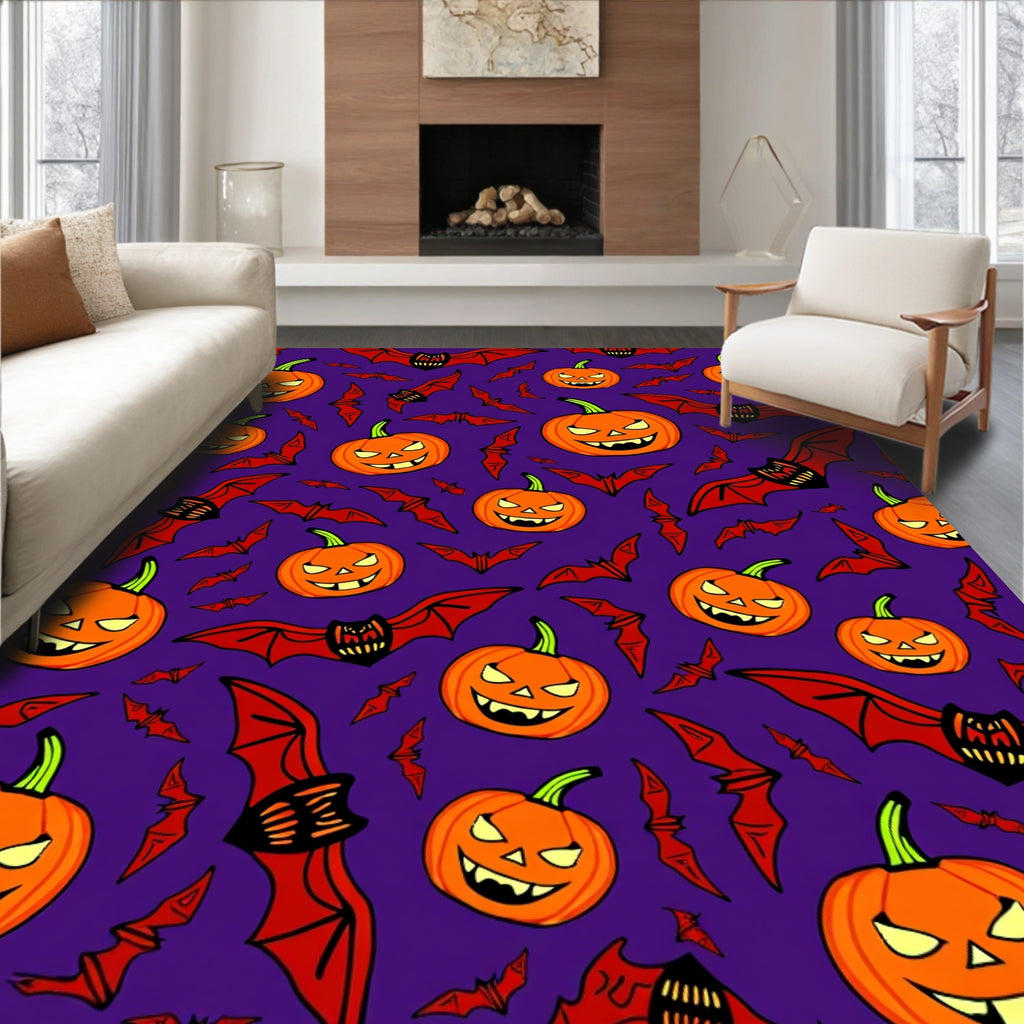 Spooky Orange Pumpkin Bat Collage Rug