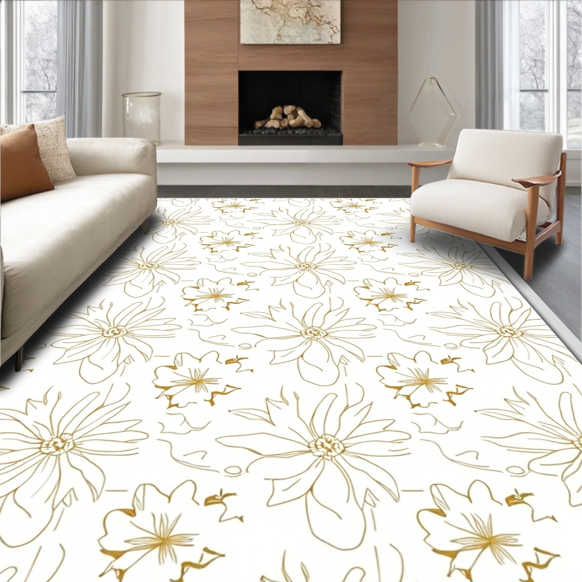 Golden Line Art Floral Repeats Rug