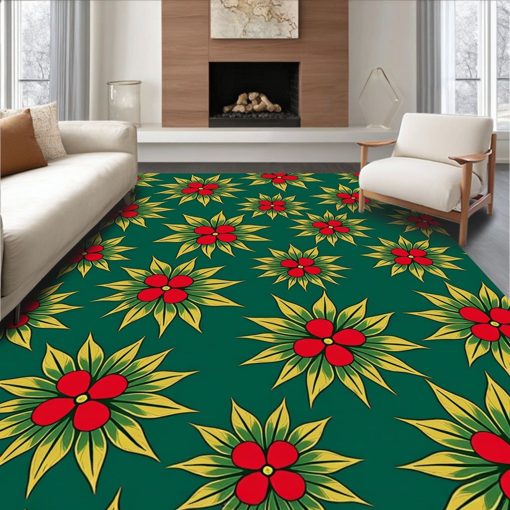 Emerald Green Red Yellow Floral Scatter Rug