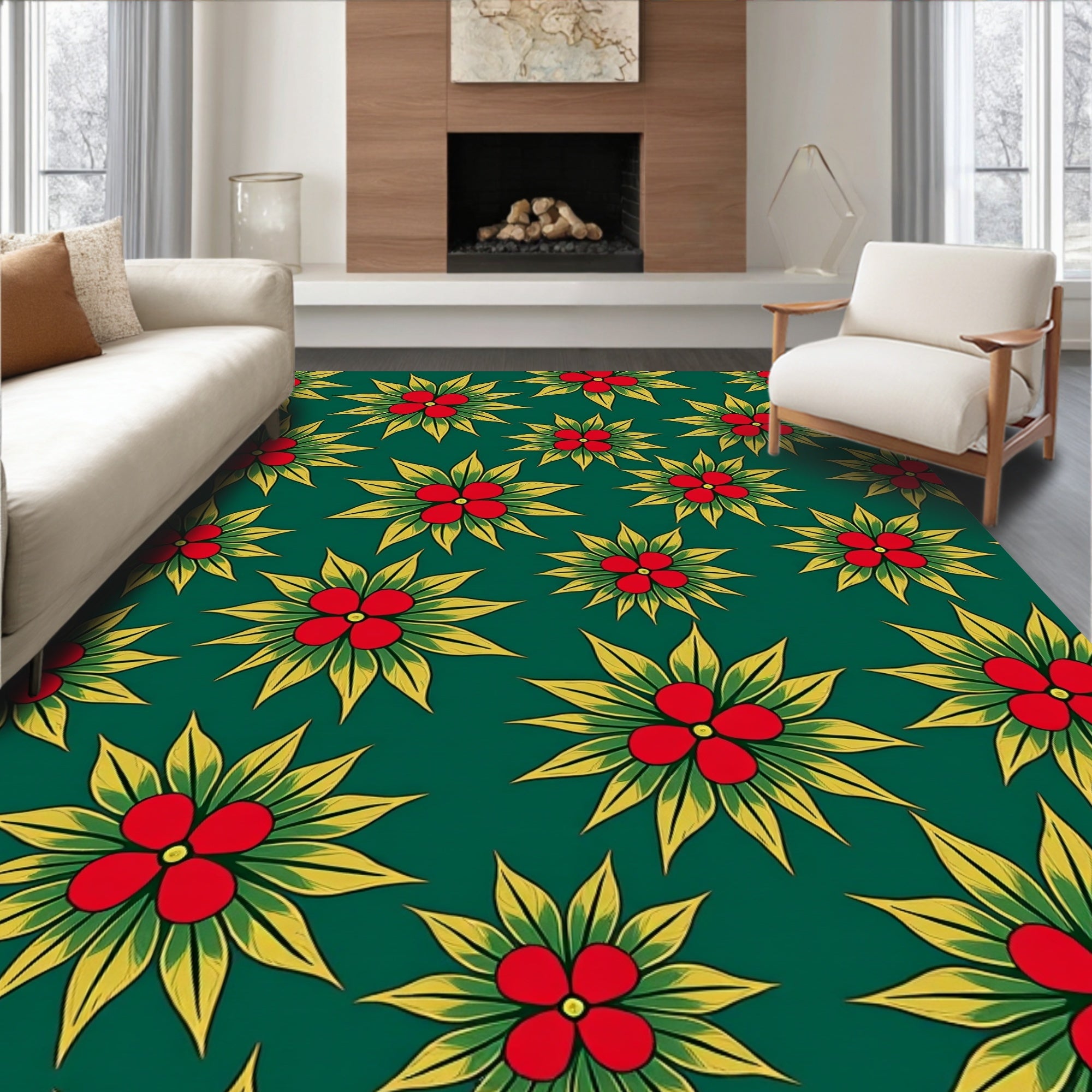 Emerald Green Red Yellow Floral Scatter Rug