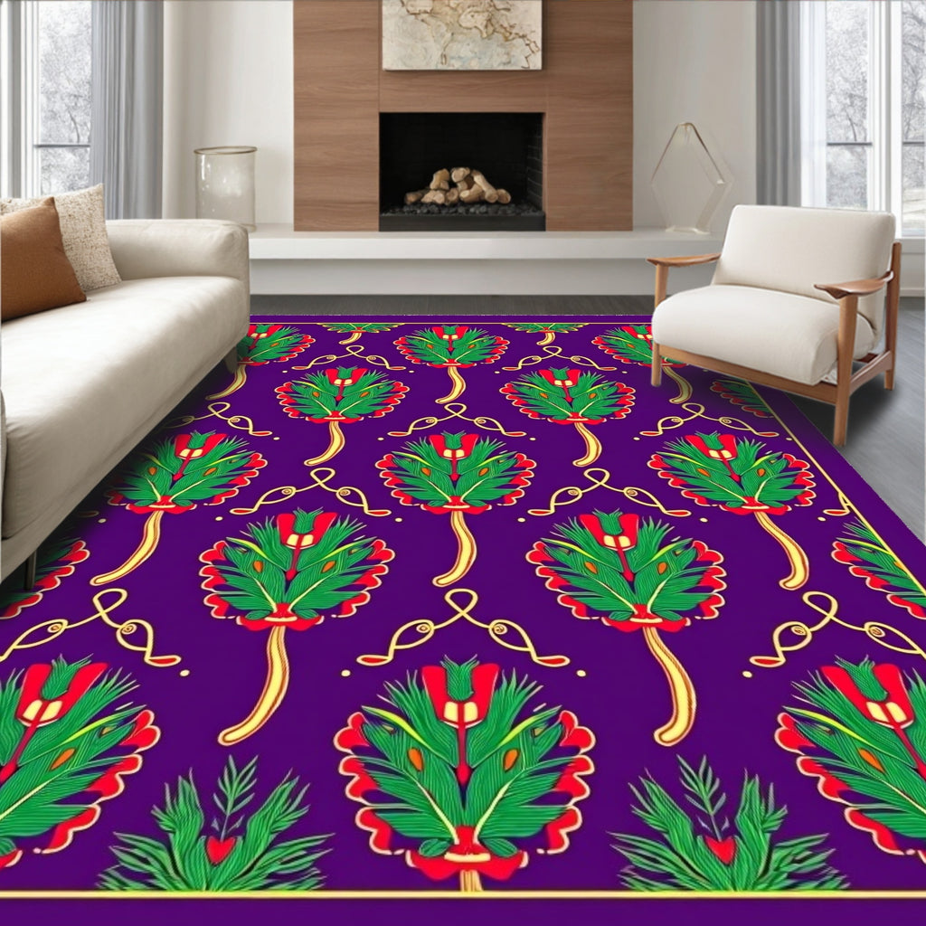 Rich Purple Green Red Floral Swirl Rug